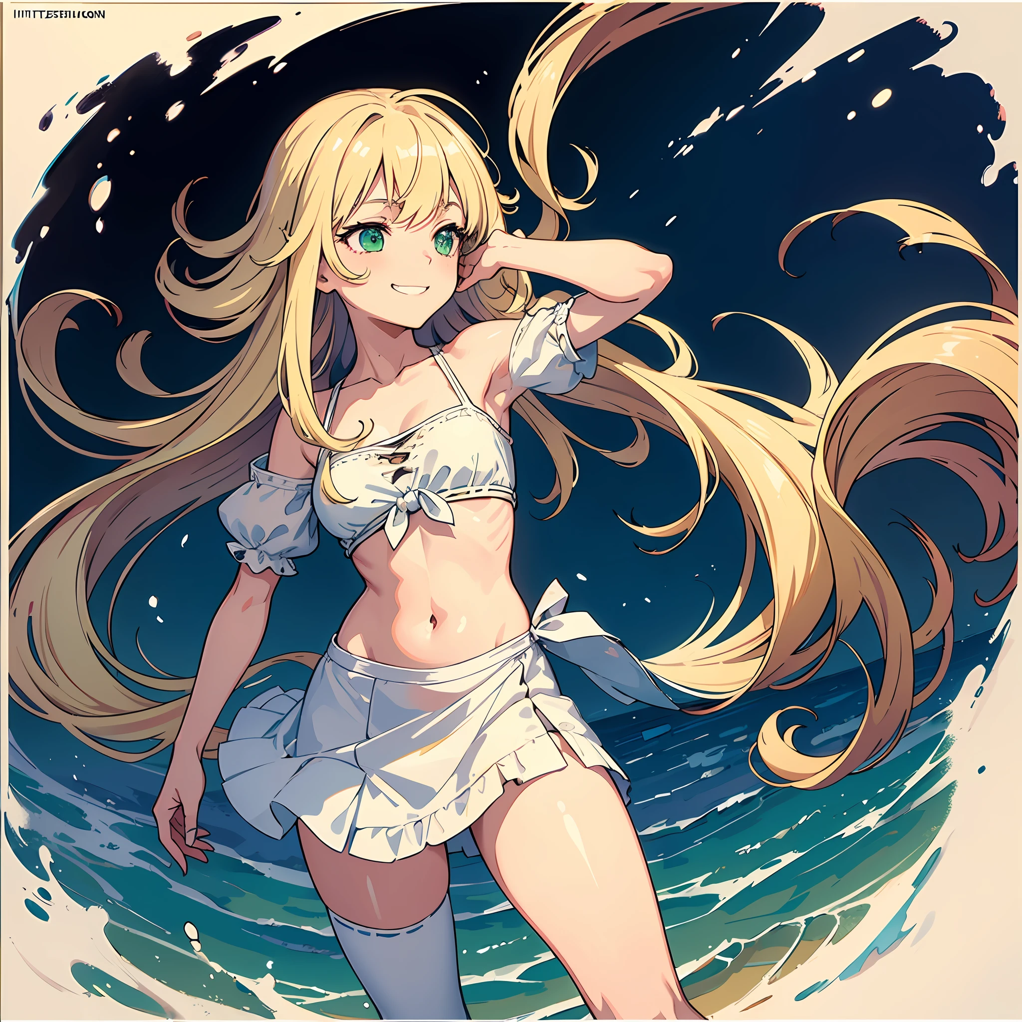 (masterpiece, sharp focus, illustration), detailed face, detailed eyes, detailed hands, (beautiful face:0.4), 1girl, solo, small breasts, loli, sassy loli, grin, smile, tied bangs, long bangs, messy hair, perfection, looking away, standing, crop top, very very long blonde hair, wavy hair, messy hair, beige hair, green eyes, (impressionism:1.4), white dress, greek clothes, highres, ultra detailed, abstract background, multicolored background, ugly background, splash art, official art, beautiful, perfect ???????