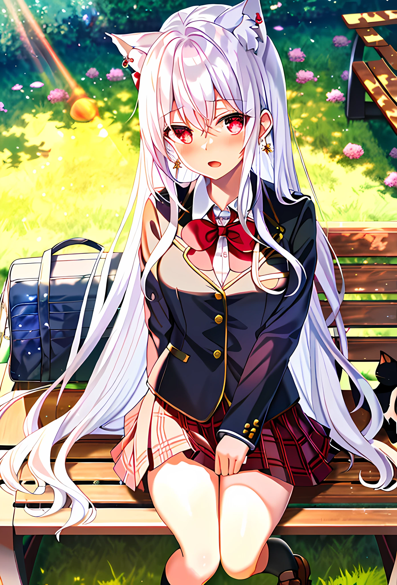 (masterpiece, reflections, atmospheric lighting, dynamic lighting), best quality, 1girl, white hair, luscious long semi-curly hair, cat ears, deep ruby red eyes, glowing red eyes, delicate fingers, delicate legs, blushing, embarrassed, open mouth, standing up, red gem dangling earrings, summer school uniform, preppy school uniform, black school jacket, white school shirt, black checkered school skirt, black knee high socks, brown school shoes, summer, sun rays, wooden bench with moss growing on it, grass field with flowers