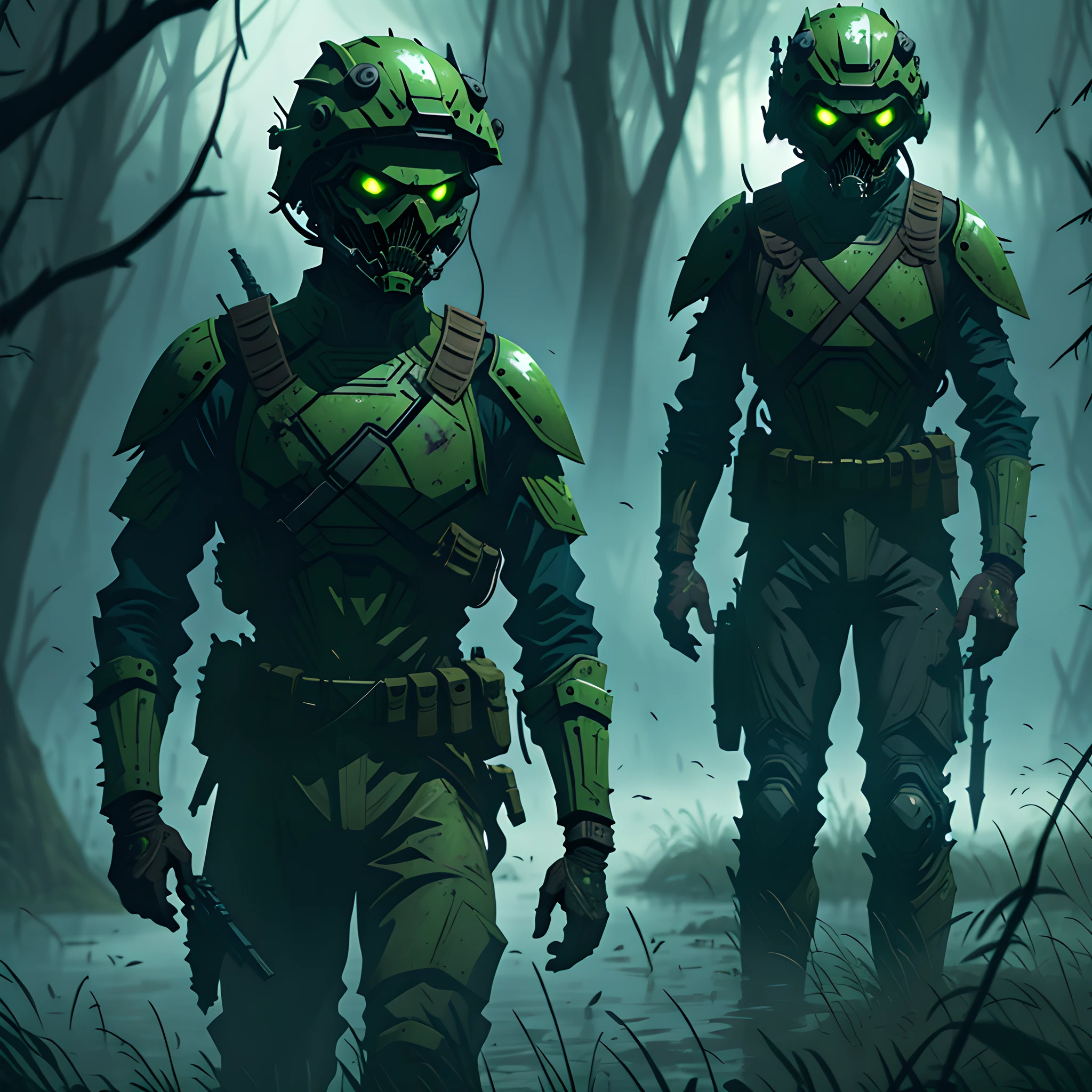 battle in a swamp, soldiers in futuristic clothing against zombies, fog --auto --s2