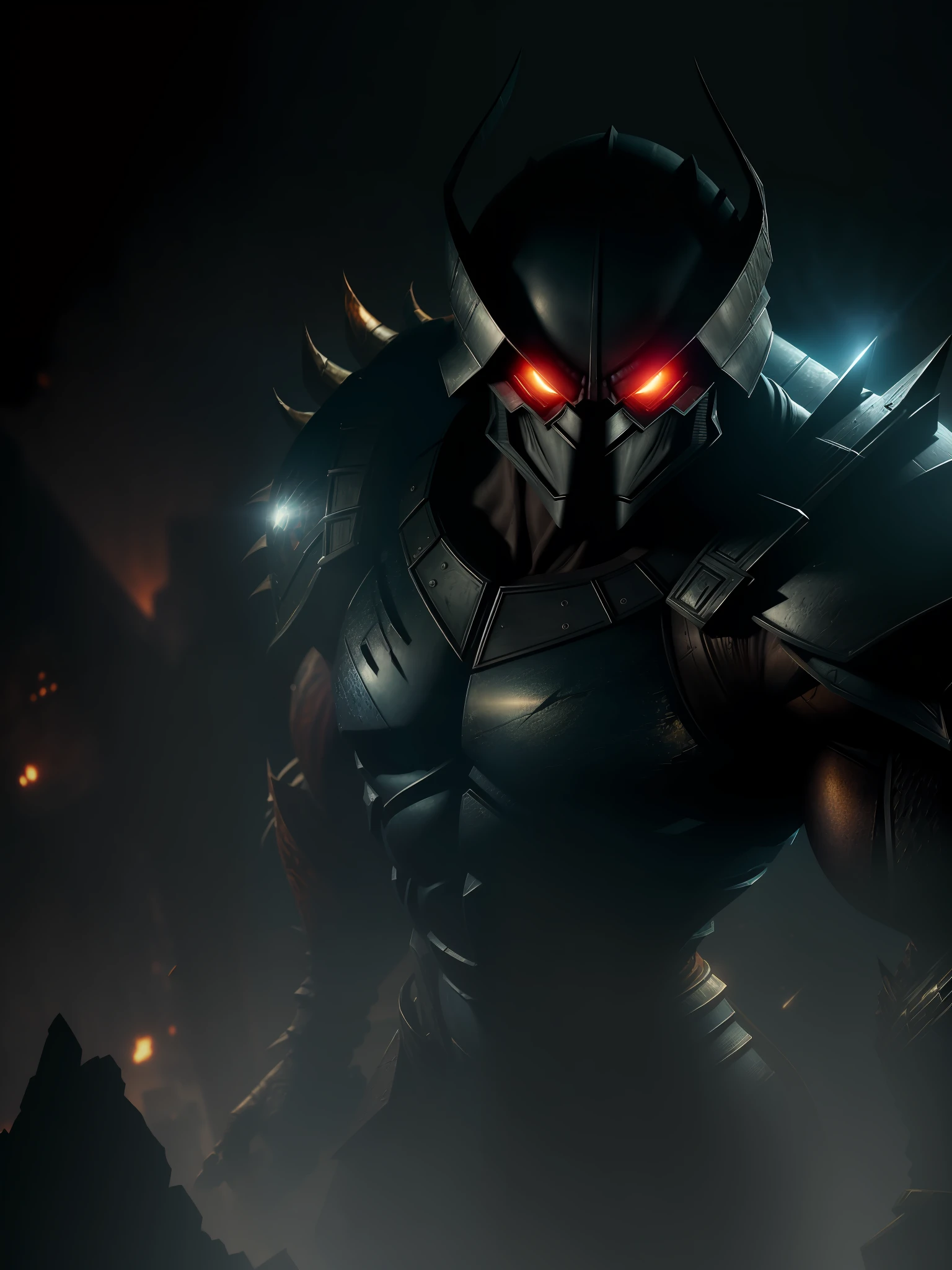 Scene from movie, close-up shot of Shredder from Teenage Mutant Ninja Turtles, distorted space, distorted undead in the background, lens flares, light shafts, intricate details, highly detailed, volumetric lighting, 4k rendering, stock photo, hyperrealistic, realistic textures, dramatic lighting, Unreal Engine