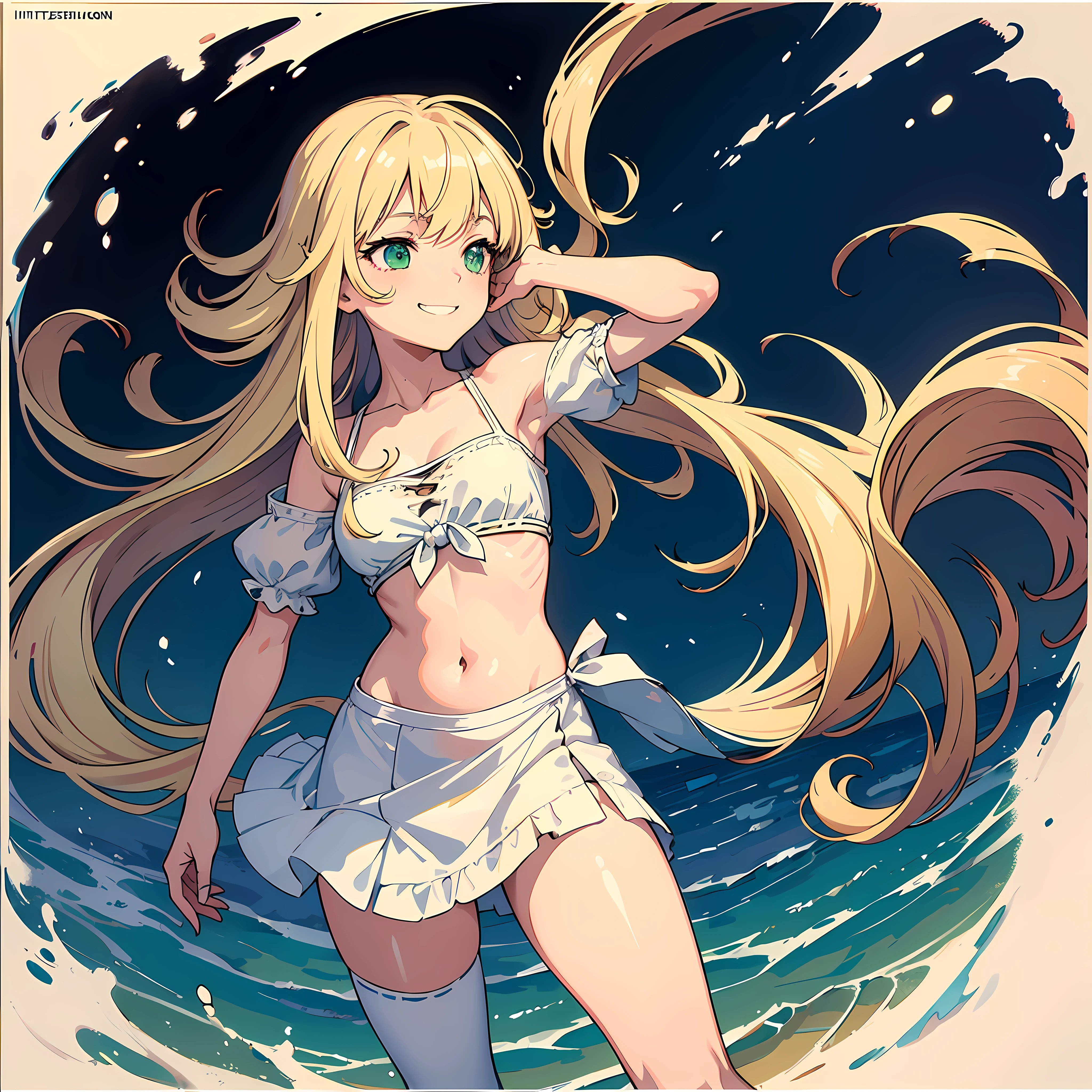 (masterpiece, sharp focus, illustration), detailed face, detailed eyes, detailed hands, (beautiful face:0.4), 1girl, solo, small breasts, , sassy loliin, smile, tied bangs, long bangs, messy hair, perfection, looking away, standing, crop top, very very long blonde hair, wavy hair, messy hair, beige hair, green eyes, (impressionism:1.4), white dress, greek clothes, highres, ultra detailed, abstract background, multicolored background, ugly background, splash art, official art, beautiful, perfect anatomy