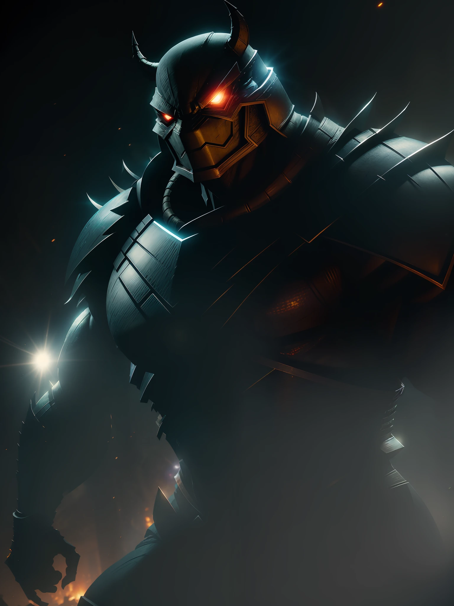 Scene from movie, close-up shot of Shredder from Teenage Mutant Ninja Turtles, distorted space, distorted undead in the background, lens flares, light shafts, intricate details, highly detailed, volumetric lighting, 4k rendering, stock photo, hyperrealistic, realistic textures, dramatic lighting, Unreal Engine