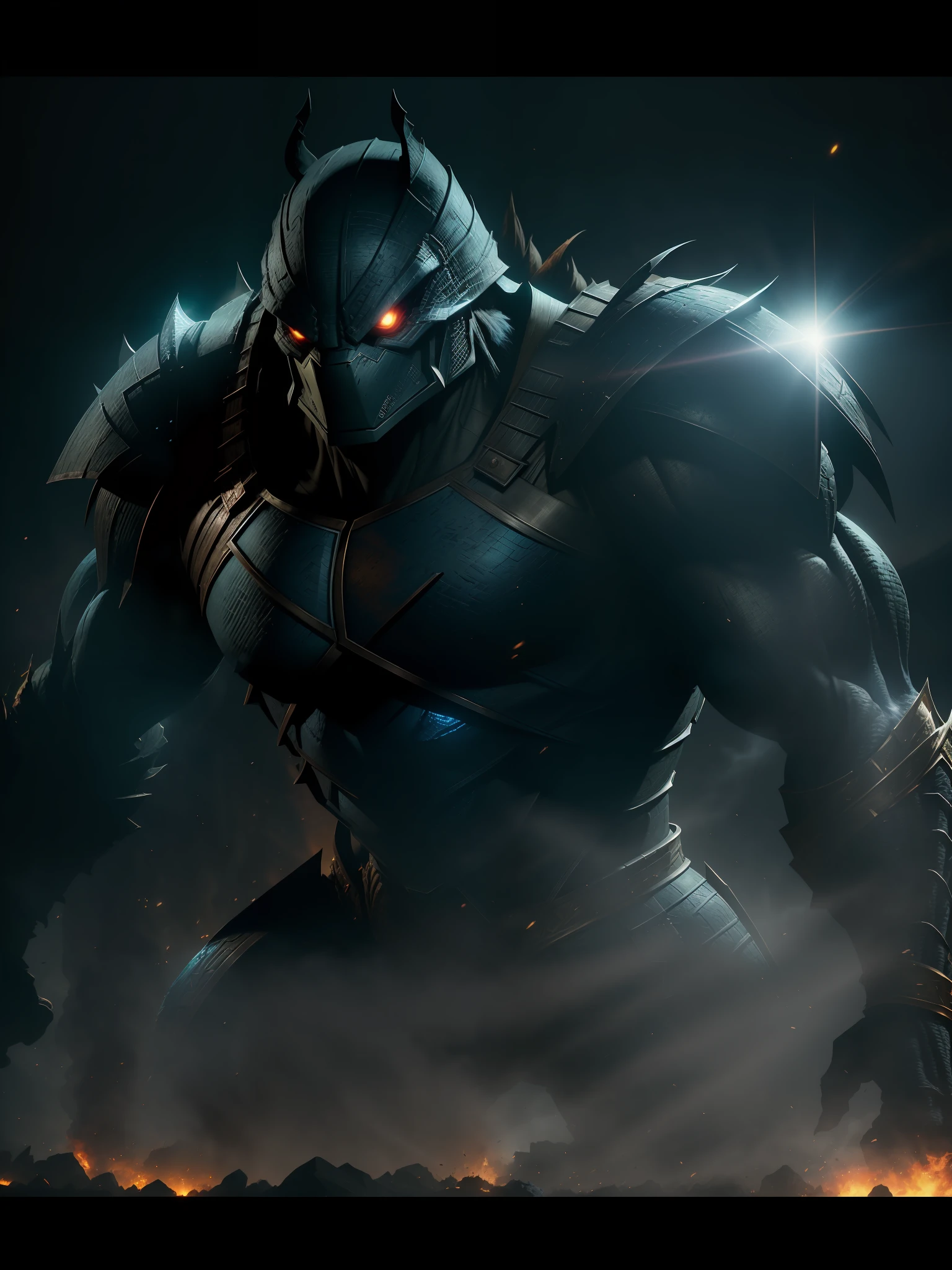 Scene from movie, close-up shot of Shredder from age Mutant Ninja Turtles, distorted space, distorted undead in the background, lens flares, light shafts, intricate details, highly detailed, volumetric lighting, 4k rendering, stock photo, hyperrealistic, realistic textures, dramatic lighting, Unreal Engine