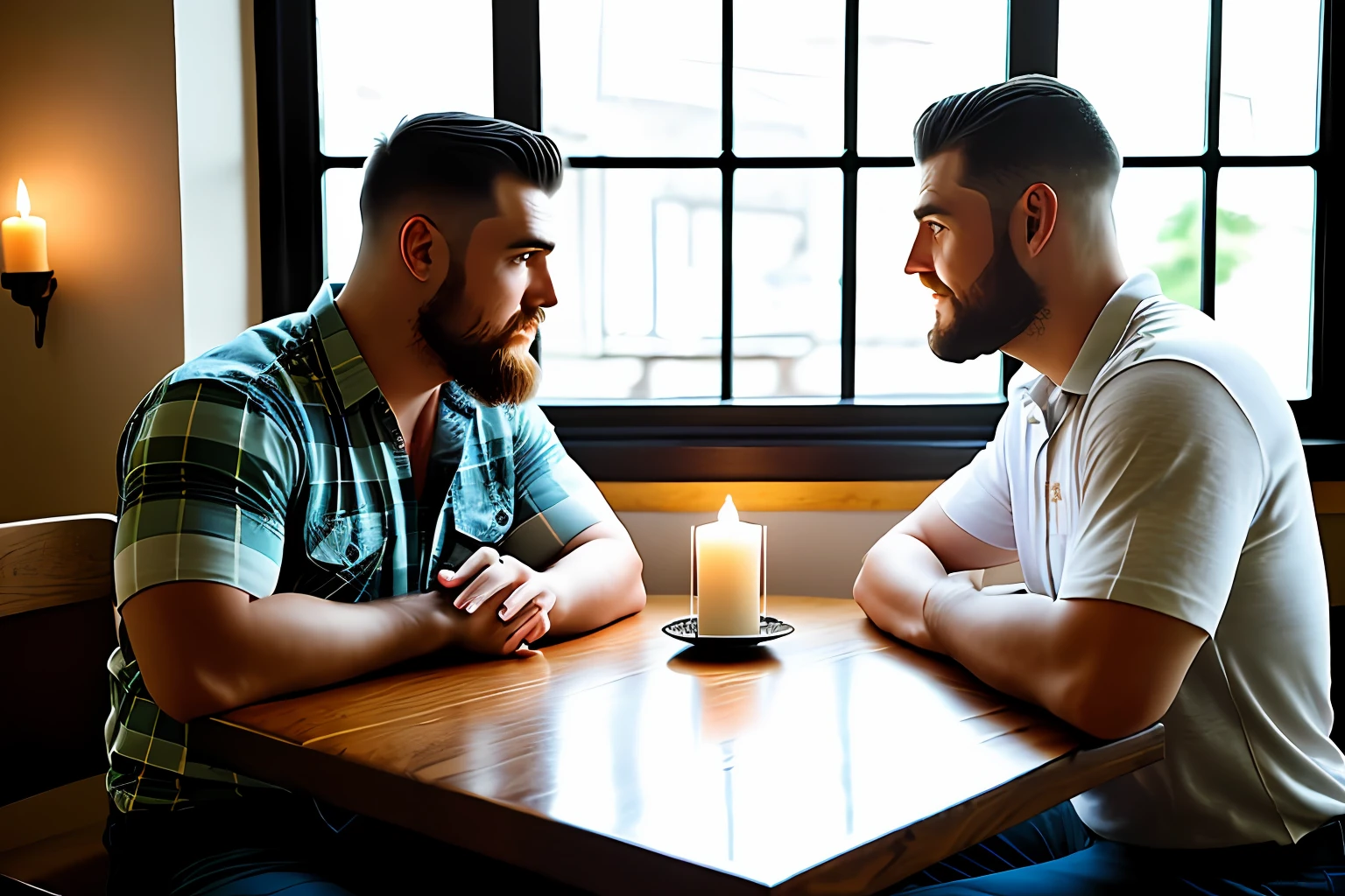 In a cozy restaurant, a table is set for two, adorned with a white tablecloth and flashing candlelight. (((Two stout, burly, lumberjack-like men))), are sitting across from each other, engaged in deep conversation. Their bodies are accentuated by (their plaid shirts and suspenders), and their neatly trimmed beards and short military-style haircuts add to their rugged charm.

guttonerdvision3, As they talk, their eyes close with a tender and affectionate gaze, expressing a deep connection and romantic interest in each other. The soft light from a large glass window bathes their faces, casting a warm glow and accentuating their features. The subtle play of light and shadow creates an intimate and romantic atmosphere, enveloping them in an aura of affection and tenderness.

((His hands naturally gravitate toward each other on the table)), his fingers intertwine gently. The touch is soft but charged with emotion, symbolizing their shared connection and the beginning of a romantic journey.

The atmosphere of the restaurant is carefully crafted to enhance the romantic atmosphere. Soft background music fills the air, contributing to the intimate atmosphere. The aroma of delicious food hangs in the air, adding to the sensory experience. The surrounding tables are occupied by other diners, but they disappear in the background as the focus remains on the two men and their blossoming romance.

This scene is a testament to the power of love and connection, capturing a beautiful moment of tenderness and vulnerability between two individuals. The romantic atmosphere, enhanced by soft lighting and subtle details, invites viewers to feel the warmth and intimacy of their connection.