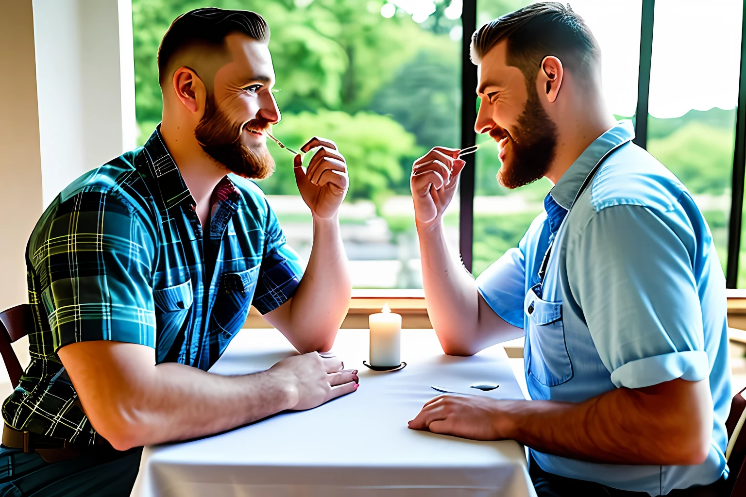 In a cozy restaurant, a table is set for two, adorned with a white tablecloth and flashing candlelight. (((Two stout, burly, lumberjack-like men))), are sitting across from each other, engaged in deep conversation. Their bodies are accentuated by (their plaid shirts and suspenders), and their neatly trimmed beards and short military-style haircuts add to their rugged charm.
guttonerdvision3, As they talk, their eyes close with a tender and affectionate gaze, expressing a deep connection and romantic interest in each other. The soft light from a large glass window bathes their faces, casting a warm glow and accentuating their features. The subtle play of light and shadow creates an intimate and romantic atmosphere, enveloping them in an aura of affection and tenderness.
((His hands naturally gravitate toward each other on the table)), his fingers intertwine gently. The touch is soft but charged with emotion, symbolizing their shared connection and the beginning of a romantic journey.
The atmosphere of the restaurant is carefully crafted to enhance the romantic atmosphere. Soft background music fills the air, contributing to the intimate atmosphere. The aroma of delicious food hangs in the air, adding to the sensory experience. The surrounding tables are occupied by other diners, but they disappear in the background as the focus remains on the two men and their blossoming romance.
This scene is a testament to the power of love and connection, capturing a beautiful moment of tenderness and vulnerability between two individuals. The romantic atmosphere, enhanced by soft lighting and subtle details, invites viewers to feel the warmth and intimacy of their connection.