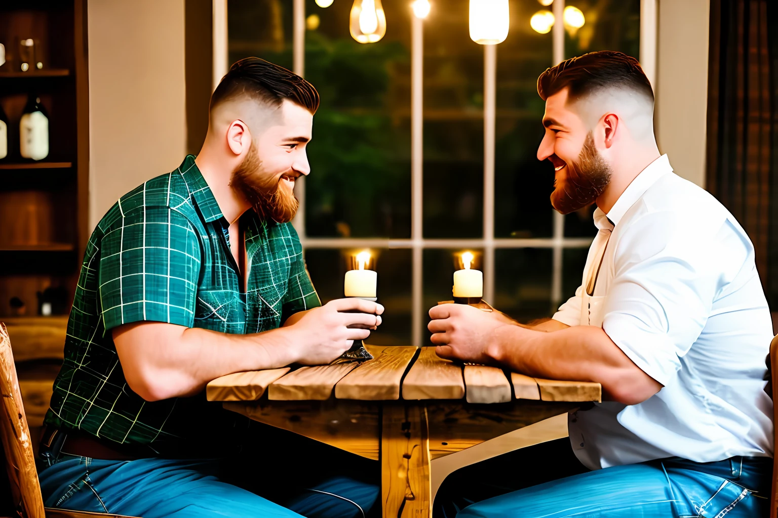 In a cozy restaurant, a table is set for two, adorned with a white tablecloth and flashing candlelight. (((Two stout, burly, lumberjack-like men))), are sitting across from each other, engaged in deep conversation. Their bodies are accentuated by (their plaid shirts and suspenders), and their neatly trimmed beards and short military-style haircuts add to their rugged charm.
guttonerdvision3, As they talk, their eyes close with a tender and affectionate gaze, expressing a deep connection and romantic interest in each other. The soft light from a large glass window bathes their faces, casting a warm glow and accentuating their features. The subtle play of light and shadow creates an intimate and romantic atmosphere, enveloping them in an aura of affection and tenderness.
((His hands naturally gravitate toward each other on the table)), his fingers intertwine gently. The touch is soft but charged with emotion, symbolizing their shared connection and the beginning of a romantic journey.
The atmosphere of the restaurant is carefully crafted to enhance the romantic atmosphere. Soft background music fills the air, contributing to the intimate atmosphere. The aroma of delicious food hangs in the air, adding to the sensory experience. The surrounding tables are occupied by other diners, but they disappear in the background as the focus remains on the two men and their blossoming romance.
This scene is a testament to the power of love and connection, capturing a beautiful moment of tenderness and vulnerability between two individuals. The romantic atmosphere, enhanced by soft lighting and subtle details, invites viewers to feel the warmth and intimacy of their connection.