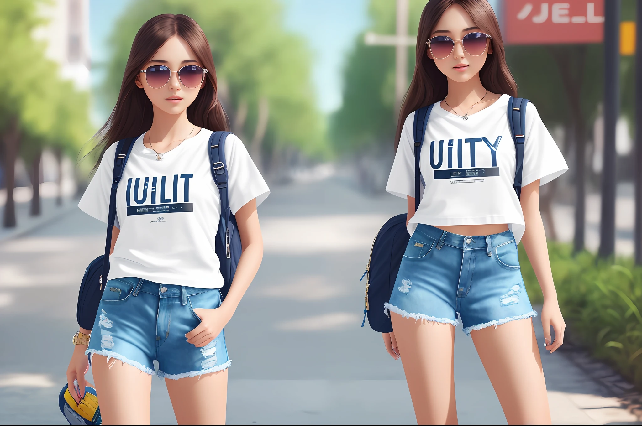 young beautiful girl, ultra detailed, official art, unity 8k wallpaper, (fashion magazine cover:1.3)，Denim shorts, white T-shirt, canvas shoes, backpack, sunglasses