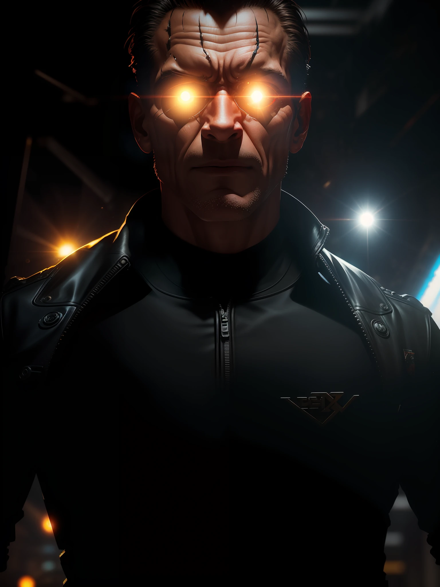Movie scene, T-X close-up shot from the Terminator movies, distorted space, distorted undead in the background, lens flares, light shafts, intricate details, high detailed, volumetric lighting, 4k rendering, stock photo, hyperrealistic, realistic textures, dramatic lighting, Unreal Engine