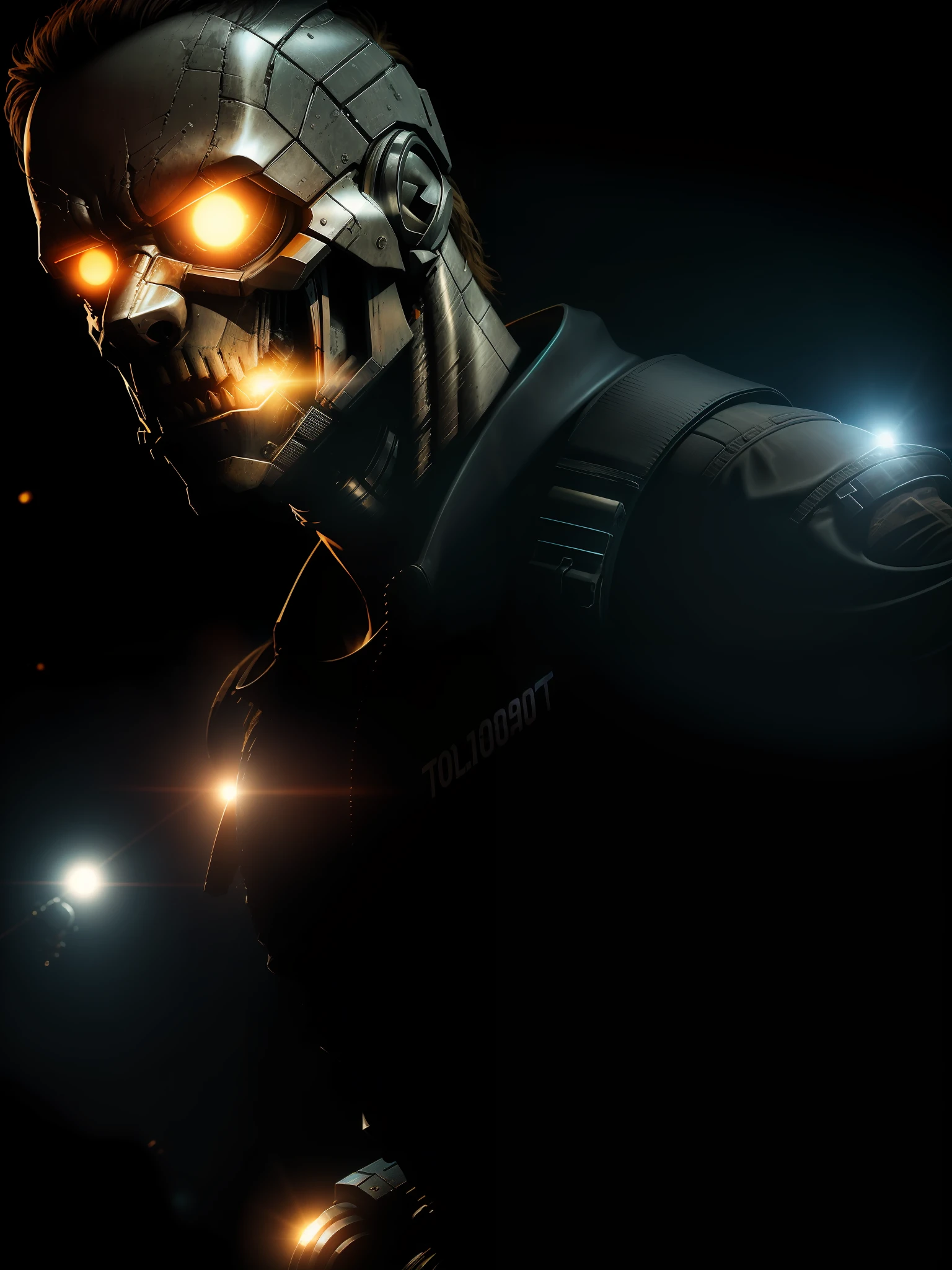 Movie scene, close-up shot of T-800 model 101 from the Terminator movies, distorted space, distorted undead in the background, lens flares, light shafts, intricate details, highly detailed, volumetric lighting, 4k rendering, stock photo, hyperrealistic, realistic textures, dramatic lighting, Unreal Engine
