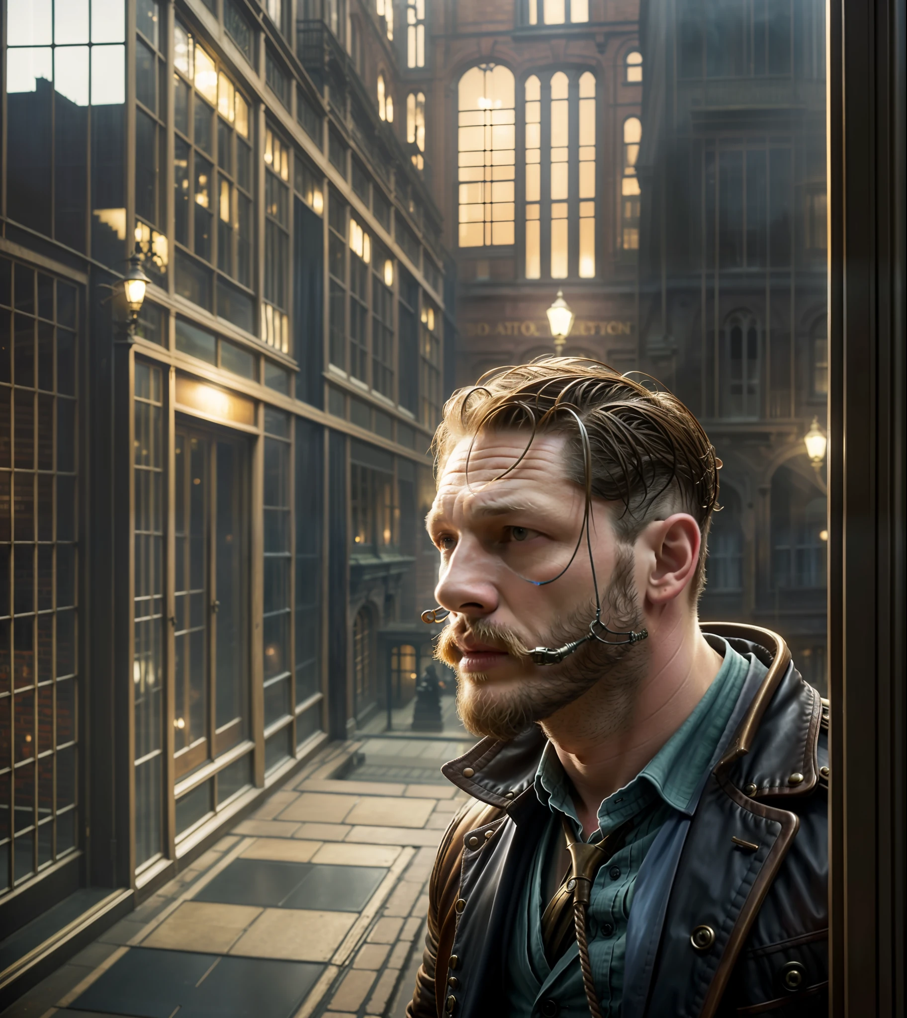 Actors James Norton and Tom Hardy kissing each other in dimly lit room. Steampunk. There is steampunk City in the window behind them. Urban aesthetic, gay, style of Greg Rutkowski, cinematic, concept art. ultra wide angle. 35mm. 8 k, masterpiece, best quality, highres, realistic, twink, whole body, see-through