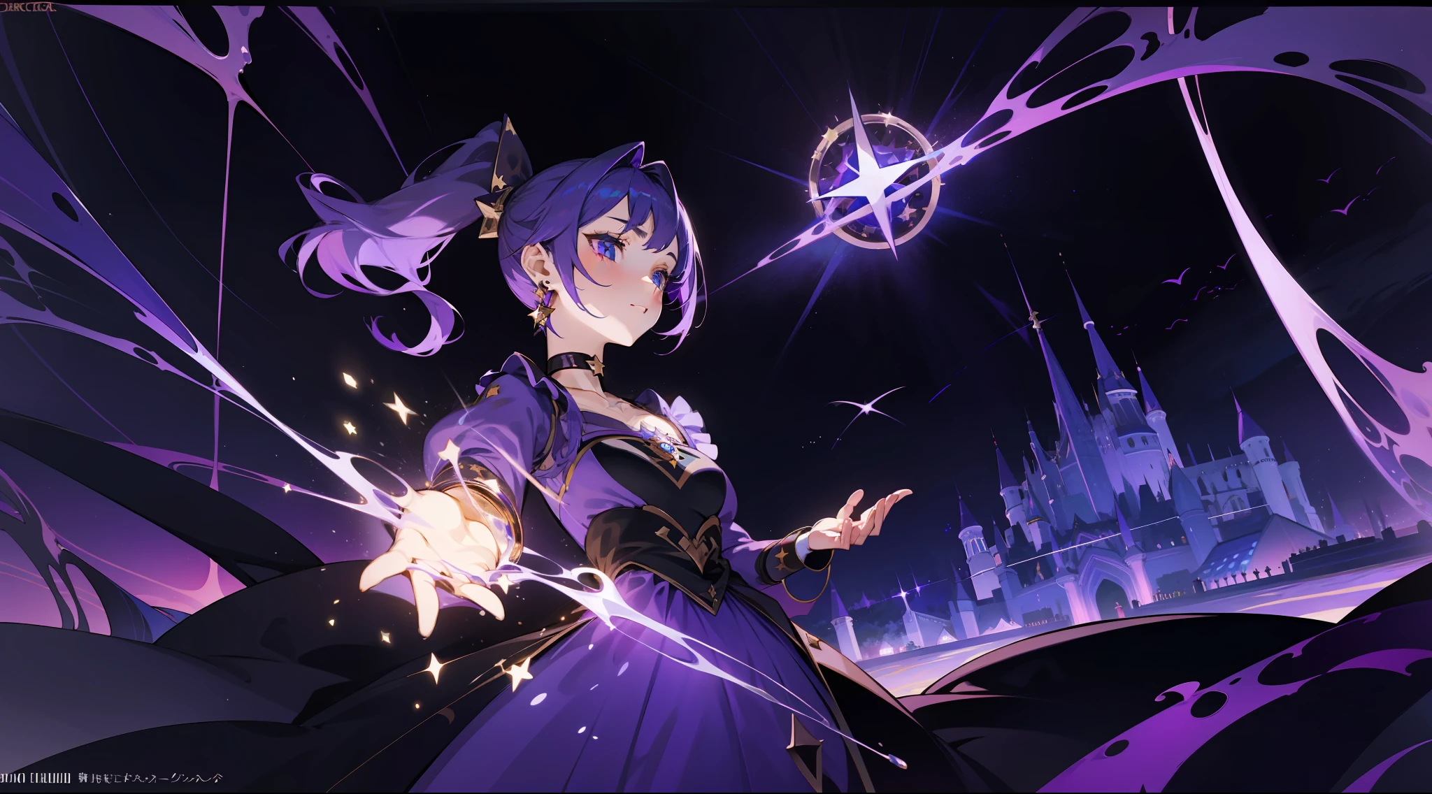 (1 girl), illustration, Mona \(Genshin Impact\), choker, star \(symbol\), witch, maid, blue eyes, shining eyes, dark purple hair, dark purple hair, ponytails, earrings, white apron, purple dress, gold jewelry, landscape, night, magic, fortune teller, oracle, prediction