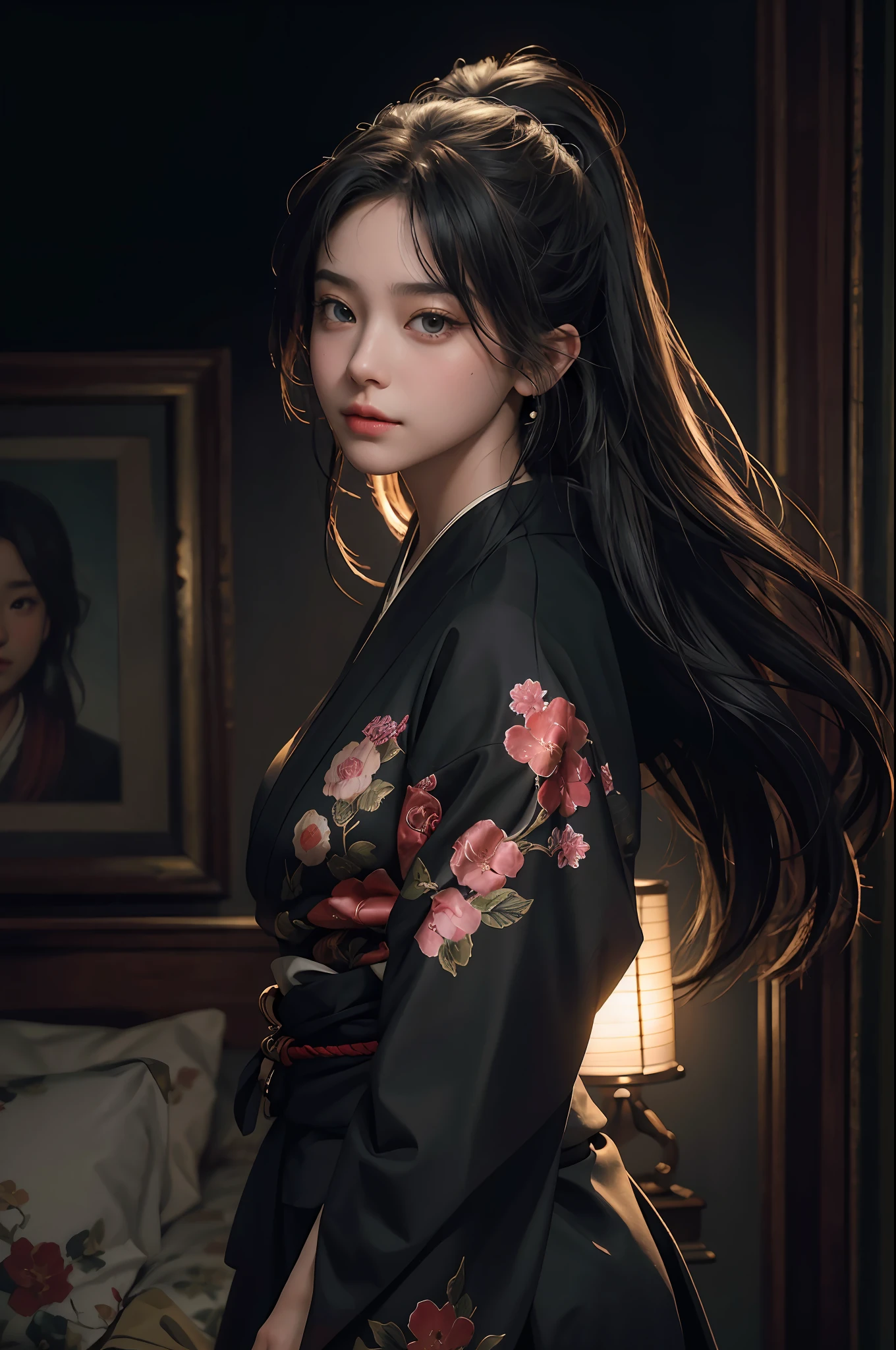(RAW Photo, Best Quality), (Realistic, Photo Real: 1.5), Best Quality, Highly Detailed, Masterpiece, Ultra Detailed, Illustration, 1 Girl, upper_body, Dynamic Angle, World Mastery Theater, messy_long_hair, Best Quality, Extremely Detailed CG Uniform 8k Wallpaper, Ink, Amazing, Cinematic Lighting, lens_flare, dunhuang_style, Gorgeous Black Kimono, Perfect Body Proportions