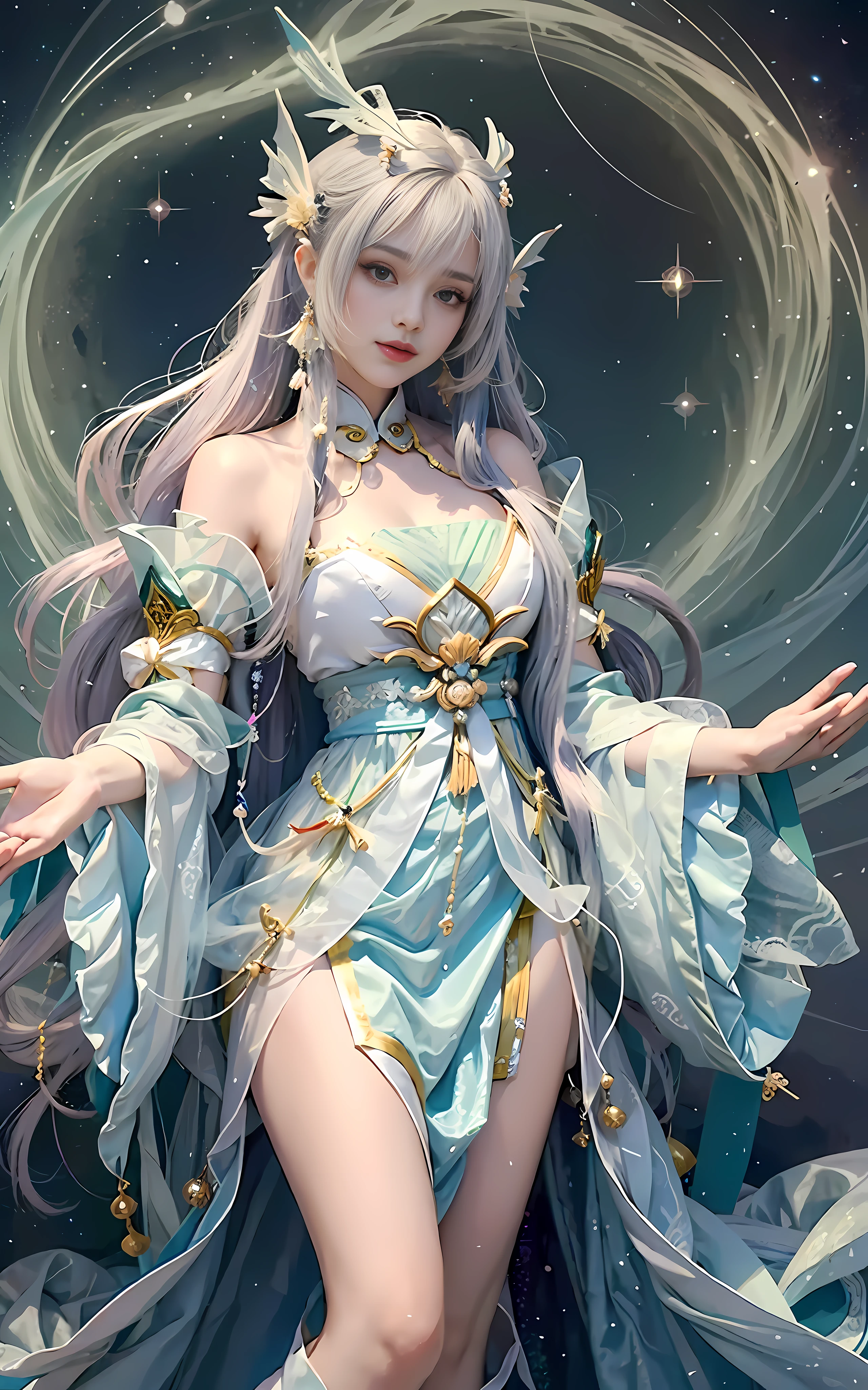 a close up of a woman in a costume on a stage, full body xianxia, beautiful celestial mage, a stunning young ethereal figure, a beautiful fantasy empress, astral witch clothes, sha xi, flowing magical robe, white hanfu, xianxia fantasy, belle delphine, ethereal fantasy, elegant glamourous cosplay, heise jinyao