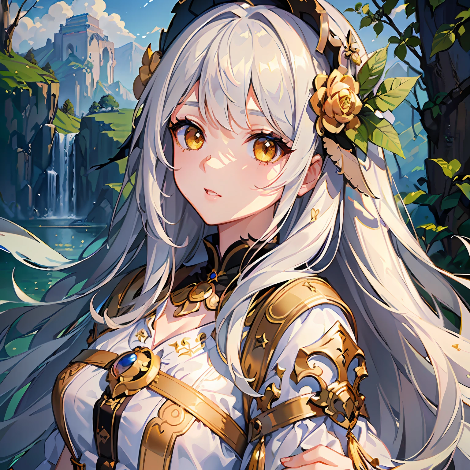 (masterpiece:1.2), (artwork:1.2), (amazing workmanship:1.2), (eye details:1.3), (portrait:1.1), (1girl) with long white hair with (bangs)wearing a nice white blouse, (detailed 8k CG scenery:1.3), beautiful background of amazing lake scenery, (vibrant bright sparkling yellow eyes:1.2), (Wlop style:1.4)