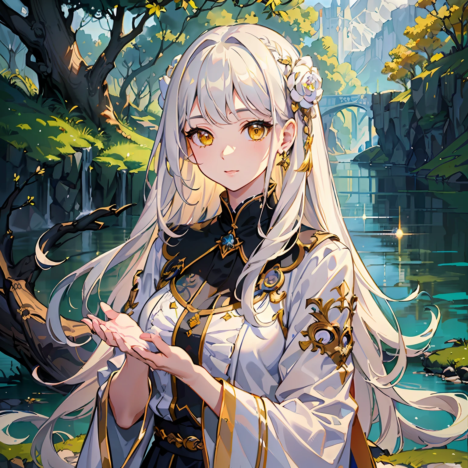 (masterpiece:1.2), (artwork:1.2), (amazing workmanship:1.2), (eye details:1.3), (portrait:1.1), (1girl) with long white hair with (bangs)wearing a nice white blouse, (detailed 8k CG scenery:1.3), beautiful background of amazing lake scenery, (vibrant bright sparkling yellow eyes:1.2), (Wlop style:1.4)