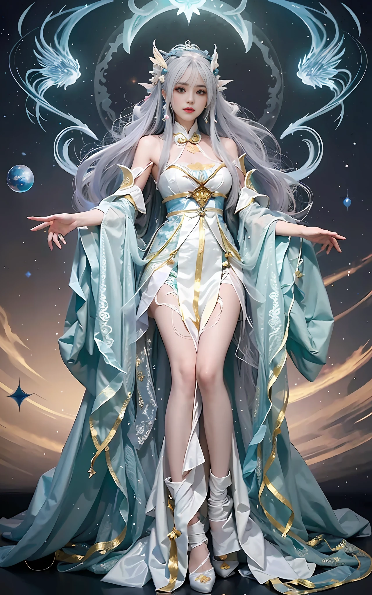 a close up of a woman in a costume on a stage, full body xianxia, beautiful celestial mage, a stunning young ethereal figure, a beautiful fantasy empress, astral witch clothes, sha xi, flowing magical robe, white hanfu, xianxia fantasy, belle delphine, ethereal fantasy, elegant glamourous cosplay, heise jinyao
