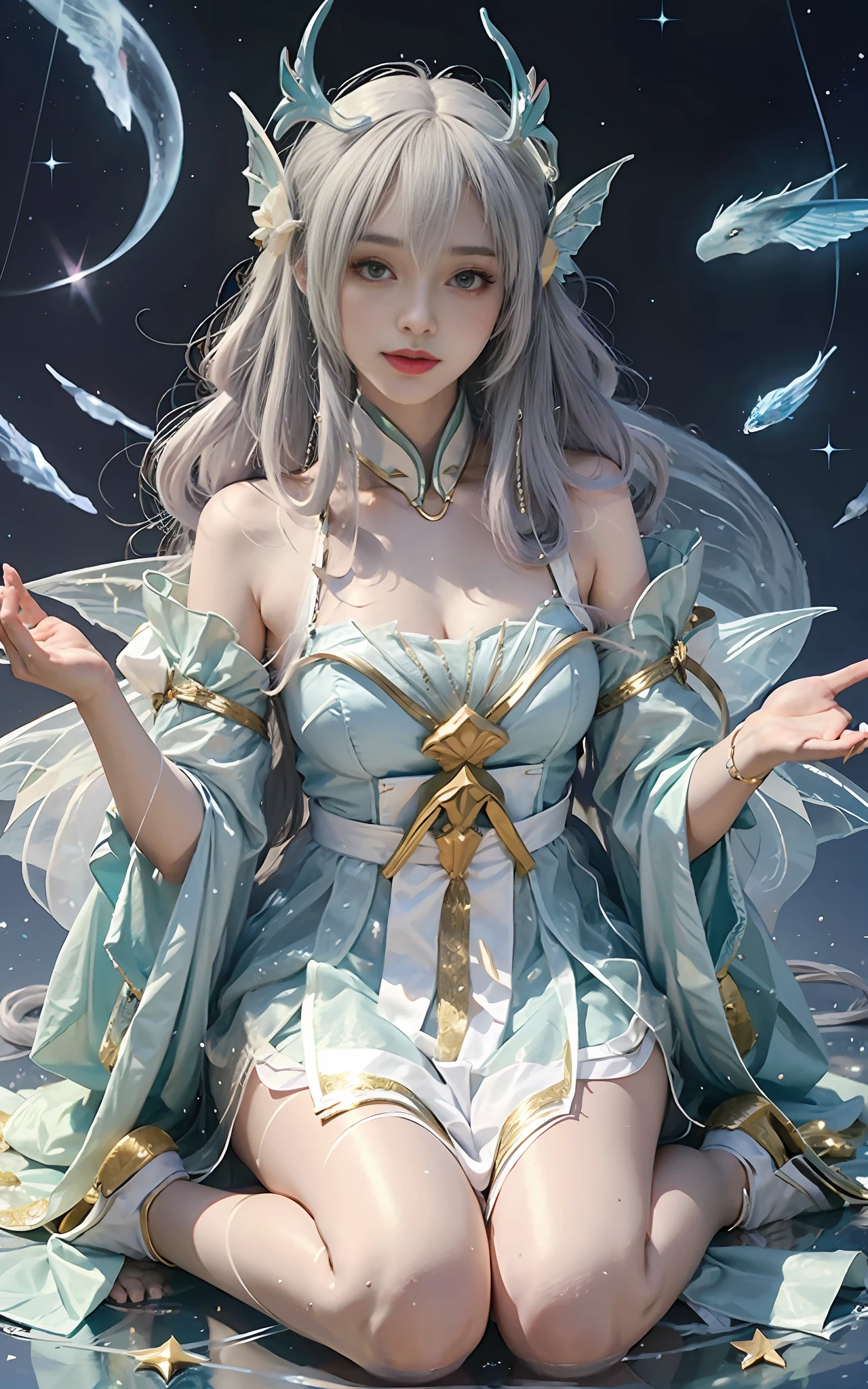 Close-up of women in costumes on stage, full body fairy, beautiful celestial mage, stunning young ethereal characters, beautiful fantasy queen, astral witch costume, sand stream, flowing magic robe, white Hanfu, fairy fantasy, beauty Delfin, ethereal fantasy, elegant and charming cosplay, Hirase Jinyao, sitting on the ground, charming and colorful, very coquettish