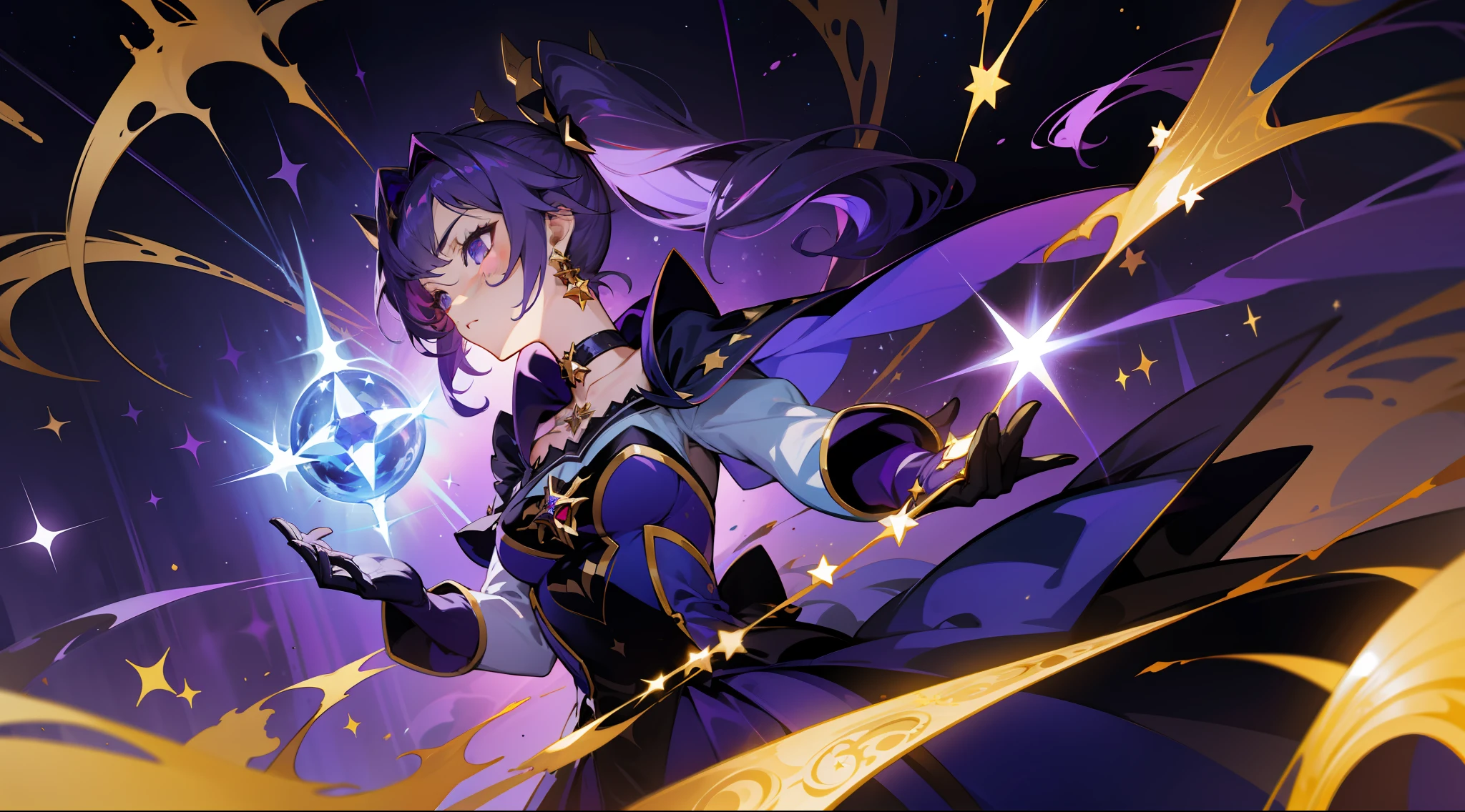 (1 girl), illustration, Mona \(Genshin Impact\), choker, star \(symbol\), witch, maid, blue eyes, shining eyes, dark purple hair, dark purple hair, ponytails, earrings, white apron, gold jewelry, landscape, night, night sky, magic, fortune teller, oracle, prediction, magician, magic, miracle, black gloves, divination, reflection, water