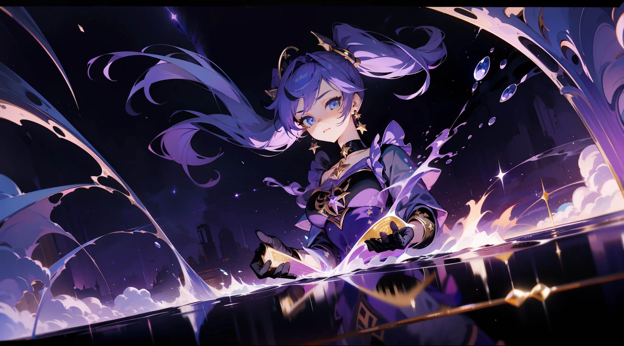 (1 girl), illustration, Mona \(Genshin Impact\), choker, star \(symbol\), witch, maid, blue eyes, shining eyes, dark purple hair, dark purple hair, ponytails, earrings, white apron, gold jewelry, landscape, night, night sky, magic, fortune teller, oracle, prediction, magician, magic, miracle, black gloves, divination, reflection, water