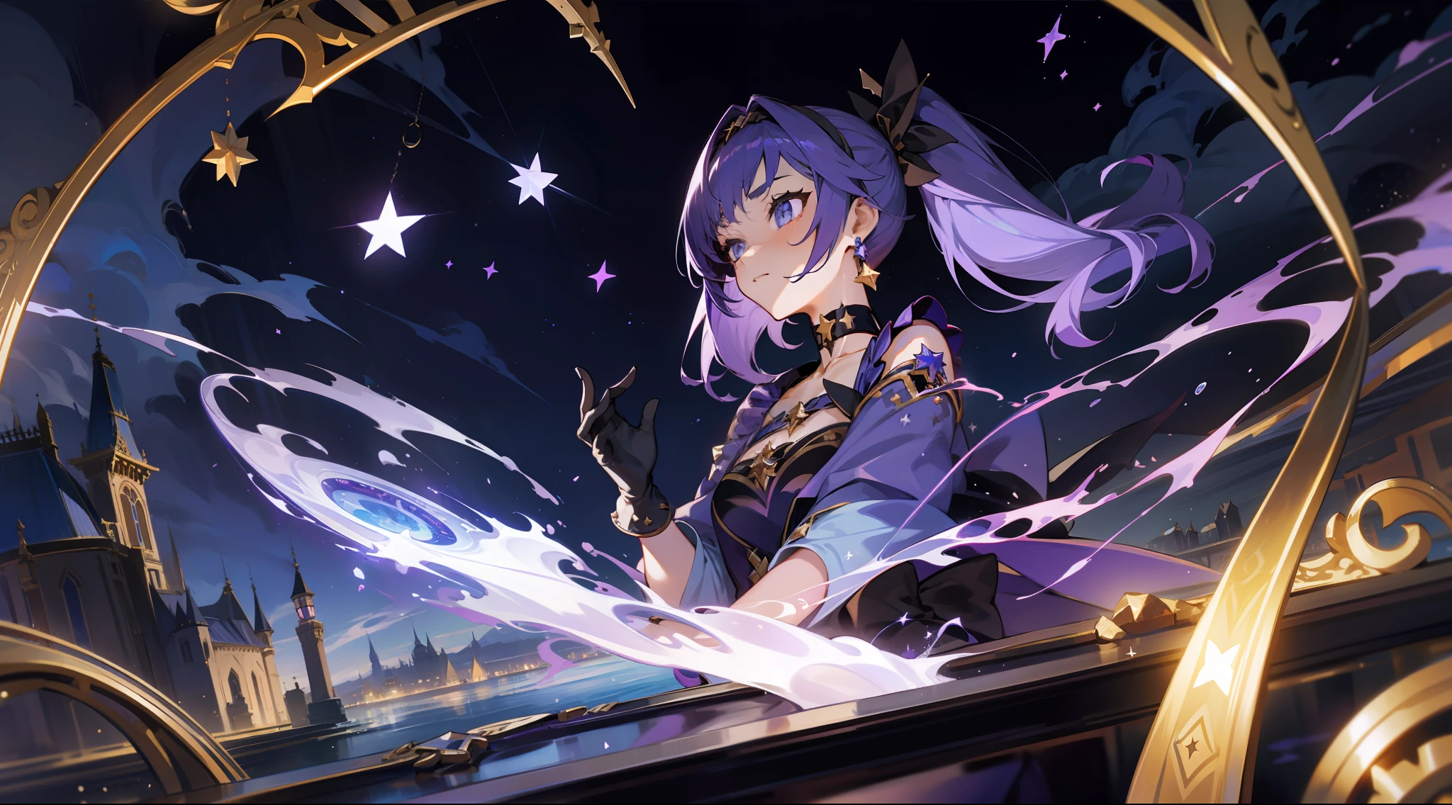 (1 girl), illustration, Mona \(Genshin Impact\), choker, star \(symbol\), witch, maid, blue eyes, shining eyes, dark purple hair, dark purple hair, ponytails, earrings, white apron, gold jewelry, landscape, night, night sky, magic, fortune teller, oracle, prediction, magician, magic, miracle, black gloves, divination, reflection, water