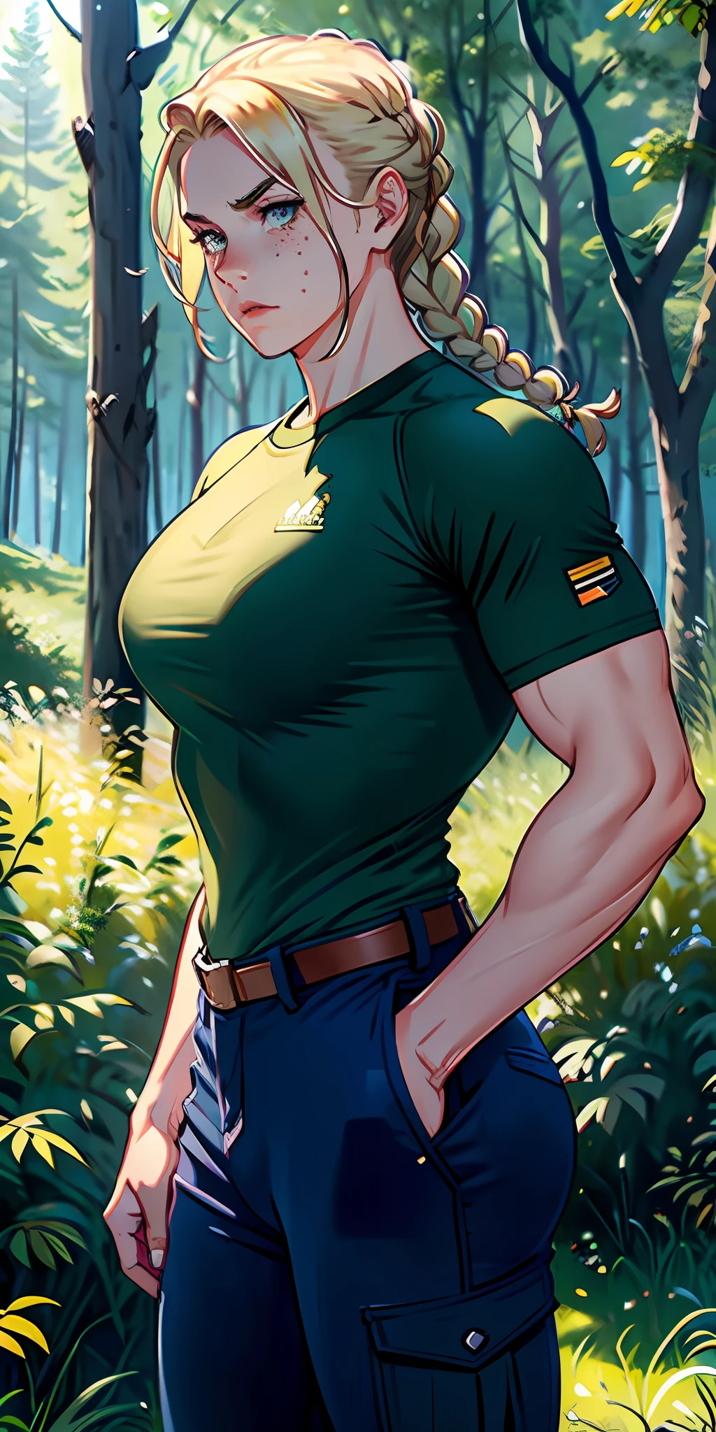 Girl, serious face, brave, freckles hair: blonde, braid, perfect body, fit body, buff, muscular, big arms, broad shoulders, big thighs, big military t-shirt, military office pants, shirt over pants, bottom: forest