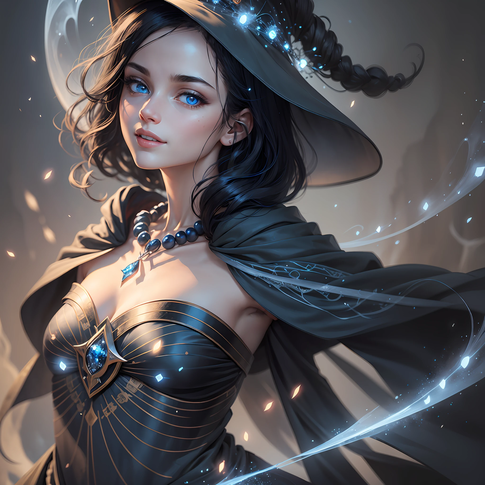 Beautiful woman, realistic facial expression, short black hair, light blue eyes, pale skin, wearing a black behaved robe with intricate decorations, witch, serene expression (dynamic angle, dazzling blue eyes, small and delicate necklace, beautiful smile), (magical school background, fireflies, bright particles, ethereal mist, faint darkness), high saturation, film light, edge light, best shadow --auto --s2