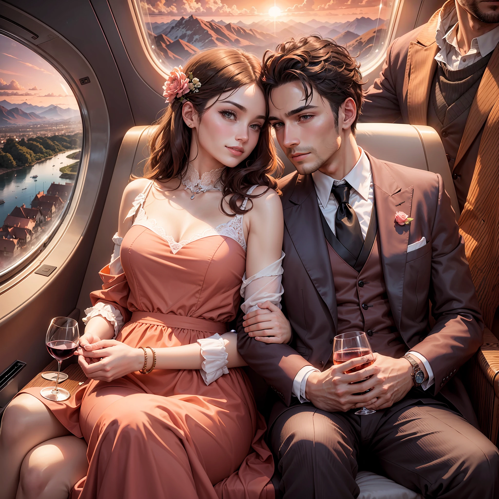 A couple is sitting side by side on a luxury plane, with formal attire and elegant accessories. The man is holding a glass of red wine, while the woman is reading a book with a smile on her lips. The cabin light is soft and diffuse, illuminating their faces and highlighting their striking features. Behind them, through the window, it is possible to see a spectacular landscape of orange and pink clouds, creating a scenery as wonderful as the couple themselves.
