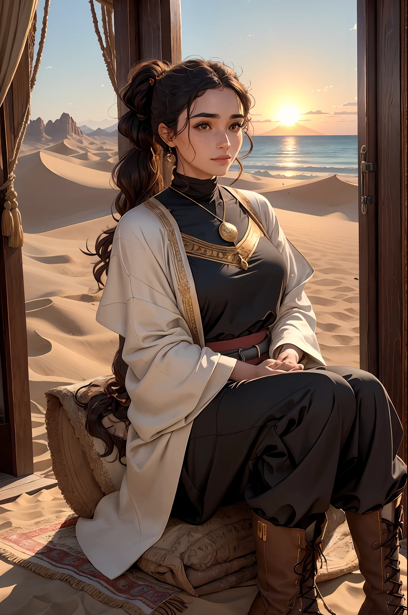 Masterpiece, best quality, 1 woman, brown eyes, Aquiline nose, black eyeliner, almond eyes, brown skin, freckles, thick eyebrows, medium length black curly hair, hair tied in a high ponytail, slight smile long-sleeved Berber kaftan, hands hidden in the sleeves, traditional arabic boots, coffee loose pants, sitting on the dune, Improved light, sunset in the desert environment, red sun background, looking past the frame