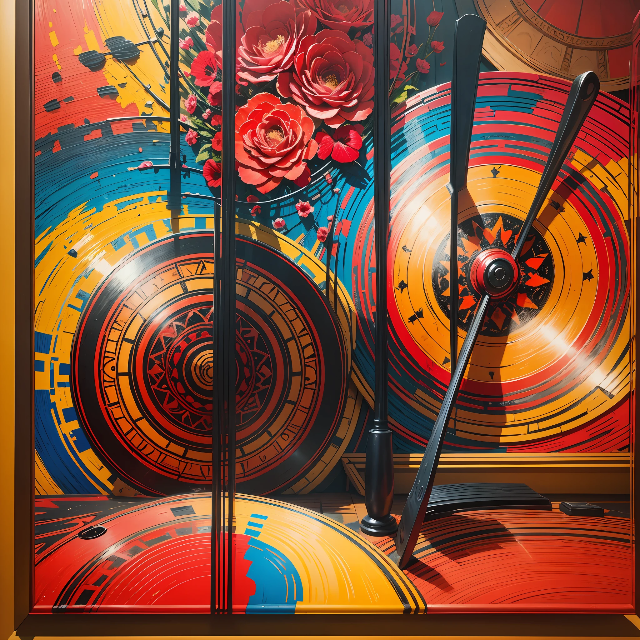 Rosas, vibrant and passionate, with deep crimson red petals, arranged in a bouquet bursting with energy and movement, a bohemian-style room with colorful tapestries and floor cushions, sunlight streaming through a stained glass window, creating a kaleidoscope of colors, a vintage record player playing melodic tunes, evoking a sense of artistic and free-spirited ambiance, Painting, acrylic on canvas with bold and expressive brushstrokes, --ar 16:9 --v 5 --auto --s2