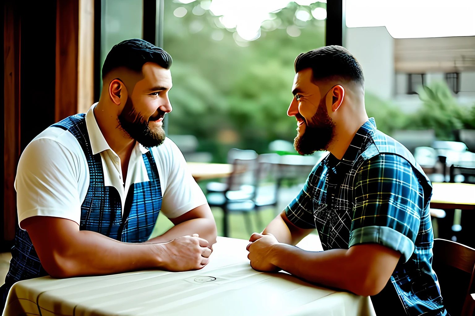 guttonerdvision3, In a cozy restaurant, a table is set for two, adorned with a white tablecloth and flashing candlelight. (((Two stout, burly, lumberjack-like men))), are sitting across from each other, engaged in deep conversation. Their bodies are accentuated by (their plaid shirts and suspenders), and their neatly trimmed beards and short military-style haircuts add to their rugged charm.

As they talk, their eyes close with a tender, affectionate gaze, expressing a deep connection and romantic interest in each other. The soft light from a large glass window bathes their faces, casting a warm glow and accentuating their features. The subtle play of light and shadow creates an intimate and romantic atmosphere, enveloping them in an aura of affection and tenderness.

((His hands naturally gravitate toward each other on the table)), his fingers intertwine gently. The touch is soft but charged with emotion, symbolizing their shared connection and the beginning of a romantic journey.

The atmosphere of the restaurant is carefully crafted to enhance the romantic atmosphere. Soft background music fills the air, contributing to the intimate atmosphere. The aroma of delicious food hangs in the air, adding to the sensory experience. The surrounding tables are occupied by other diners, but they disappear in the background as the focus remains on the two men and their blossoming romance.

This scene is a testament to the power of love and connection, capturing a beautiful moment of tenderness and vulnerability between two individuals. The romantic atmosphere, enhanced by soft lighting and subtle details, invites viewers to feel the warmth and intimacy of their connection.