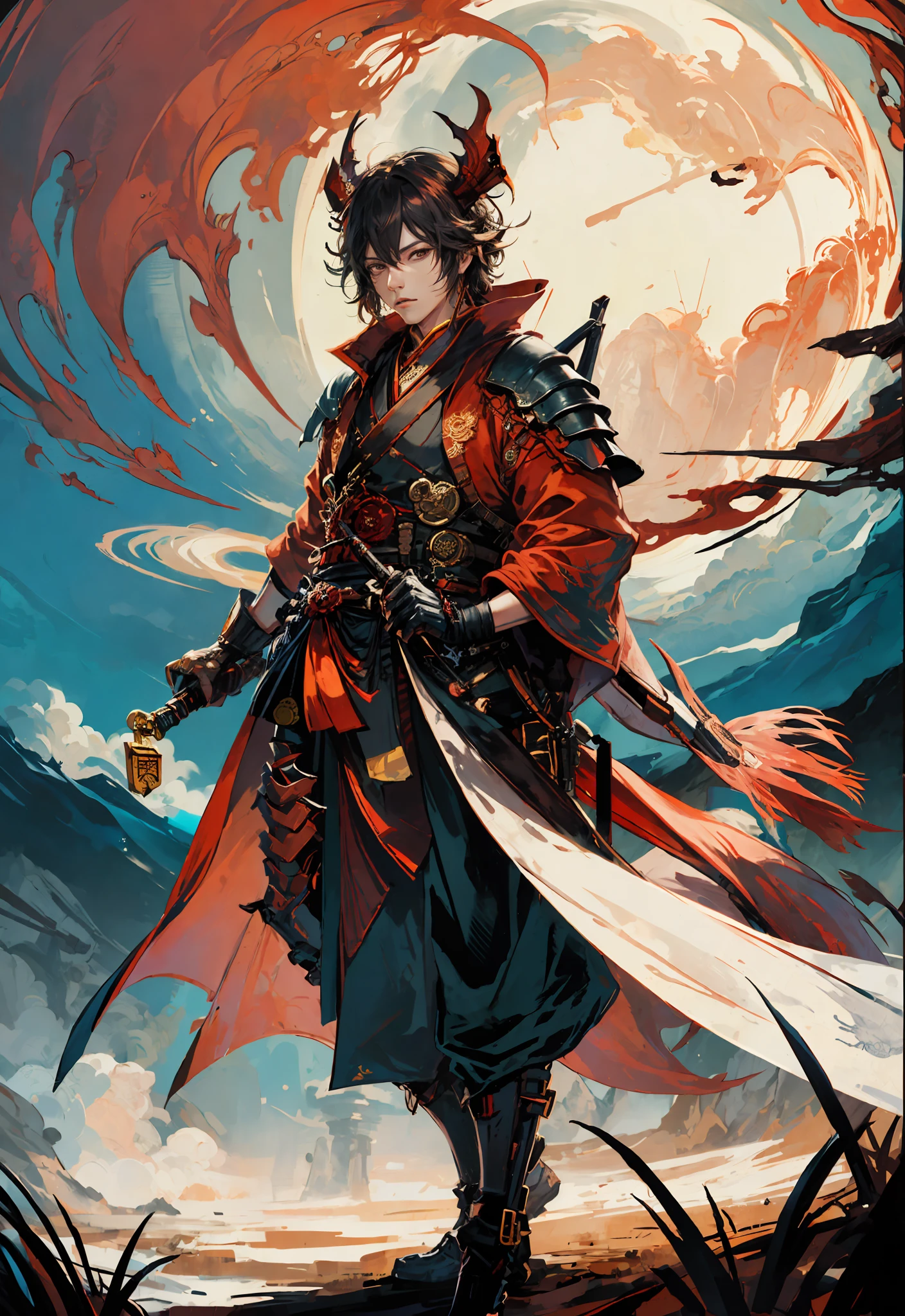anime character with sword and red cape standing in front of a full moon, handsome guy in demon slayer art, sengoku - era art style, g liulian art style, by Yang J, badass anime 8 k, full body wuxia, demon slayer artstyle, akira from chinese mythology, keqing from genshin impact, anime in fantasy style