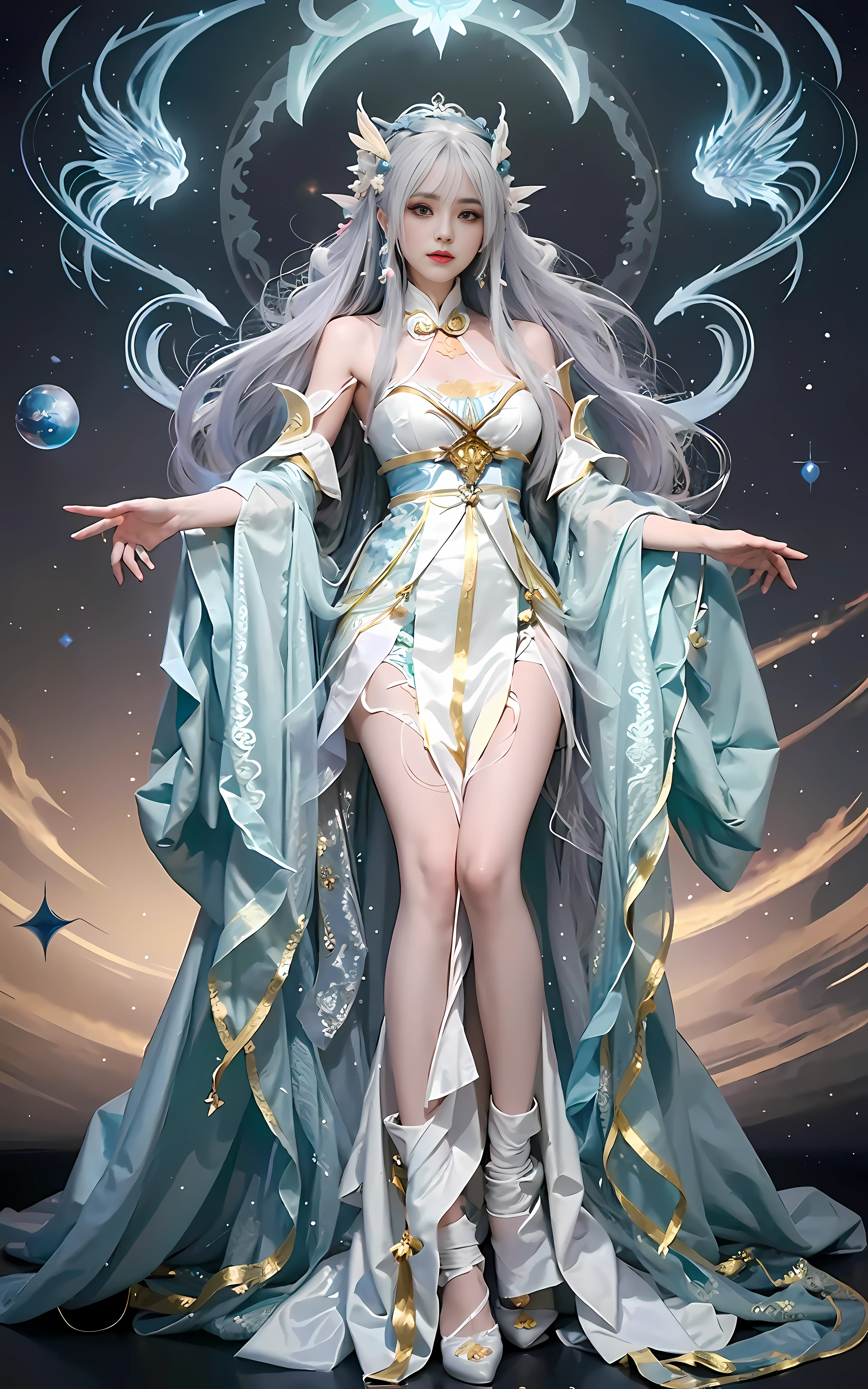 a close up of a woman in a costume on a stage, full body xianxia, beautiful celestial mage, a stunning young ethereal figure, a beautiful fantasy empress, astral witch clothes, sha xi, flowing magical robe, white hanfu, xianxia fantasy, belle delphine, ethereal fantasy, elegant glamourous cosplay, heise jinyao