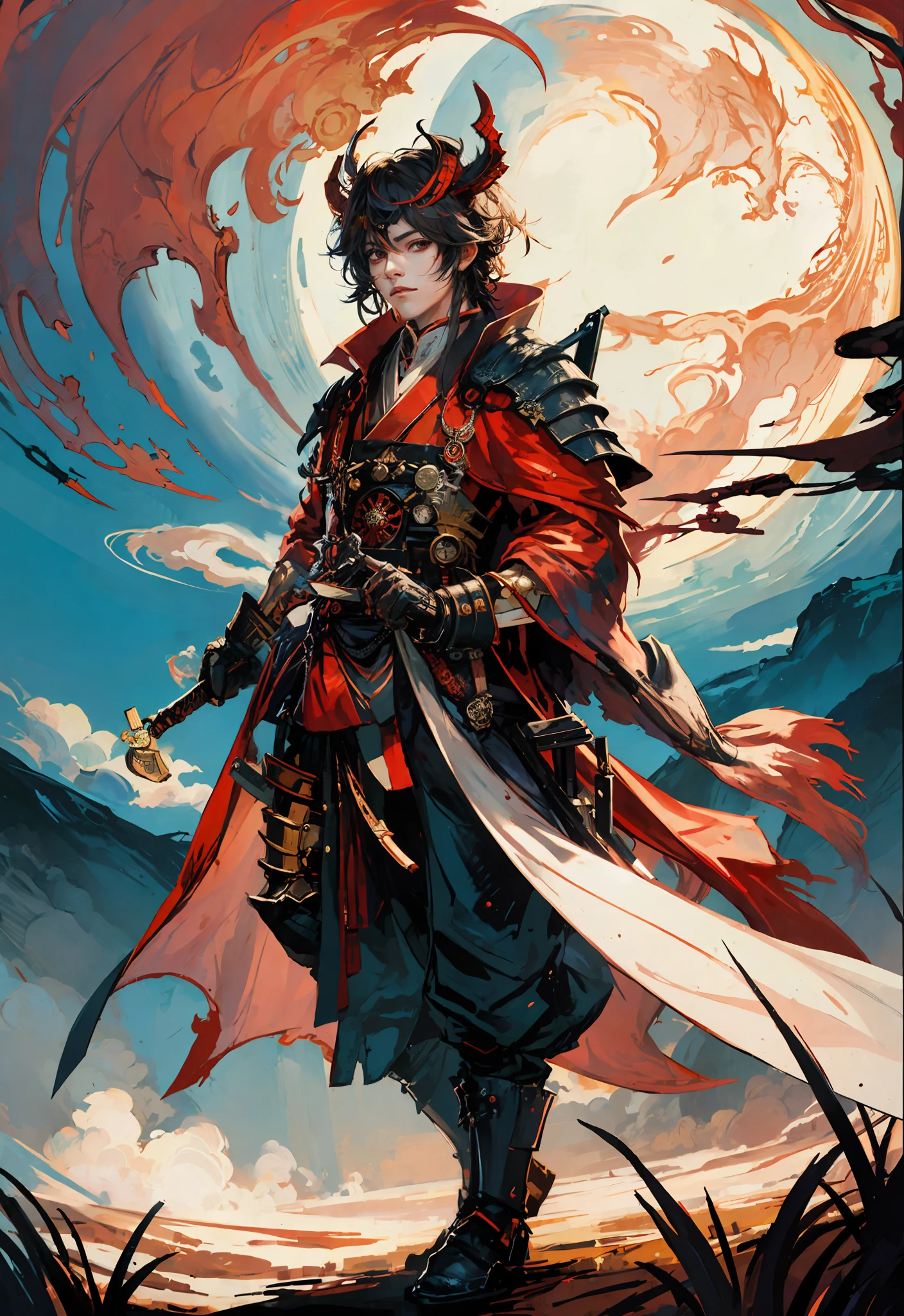 anime character with sword and red cape standing in front of a full moon, handsome guy in demon slayer art, sengoku - era art style, g liulian art style, by Yang J, badass anime 8 k, full body wuxia, demon slayer artstyle, akira from chinese mythology, keqing from genshin impact, anime in fantasy style