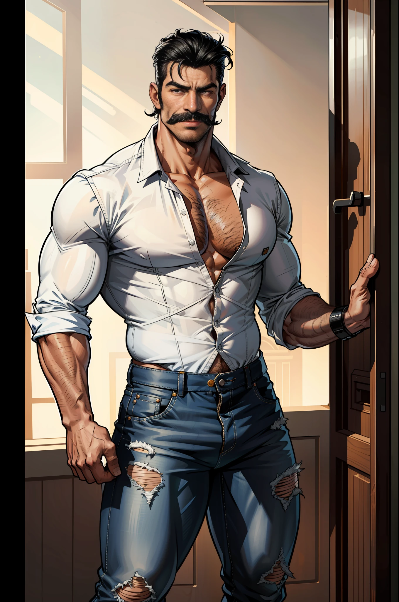 (original-art:1.2),(lineart:1.33), 1male, black hair, 1950s greaser, mature masculine muscular, handsome chisled facial features, muscular hairy body, 70s mustache, unbuttoned ripped white shirt, open shirt, un-zipped jeans, opened pants, pubic hair, huge crotch bulge, sexy, hot, jock, erotic, (hyperdefined),(inked-art), hero-angle, masculine stance, erotica, full body shot, cartoon, indoor, dramatic lighting, sidelighting,complex lighting,(full vibrant colors),hatched-texture,(fine-details:1.2),absurdres,flat-colors,ultradetailed, city street,