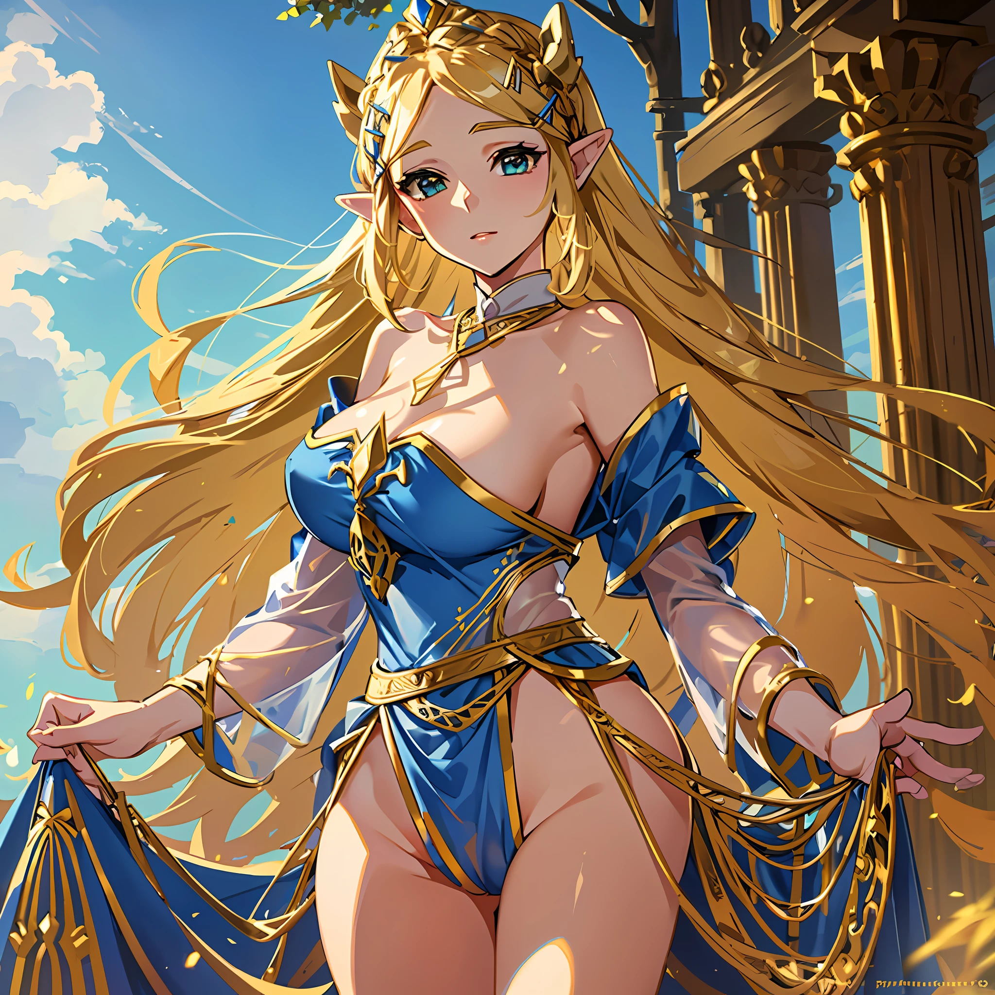 Princess Zelda wears a regal dress adorned with gold accents, and the dress itself is a lovely shade of blue that complements her golden blond hair. Her face is known to light up the room upon entering, as her presence brings comfort and hope to those around her. She stands at a medium height, and her golden blond hair is styled elegantly. She walks confidently through an open valley, with tall trees standing tall against the backdrop of the sky. Best quality, 8k, masterpiece 1girl, beautiful, ((camel toe:1,4)), (breasts:1,5), (ass:1.5)