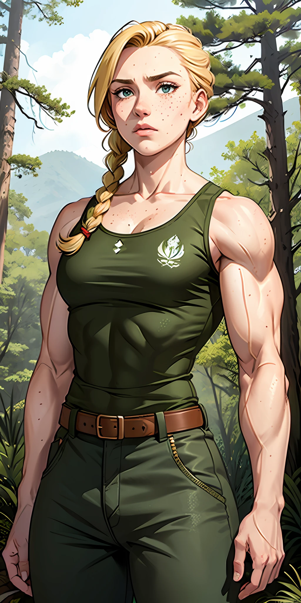 Girl, serious face, brave, freckles hair: blonde, braid, buff, muscular, small chest, big arms, broad shoulders, big thighs, tank top, military office pants, background: forest