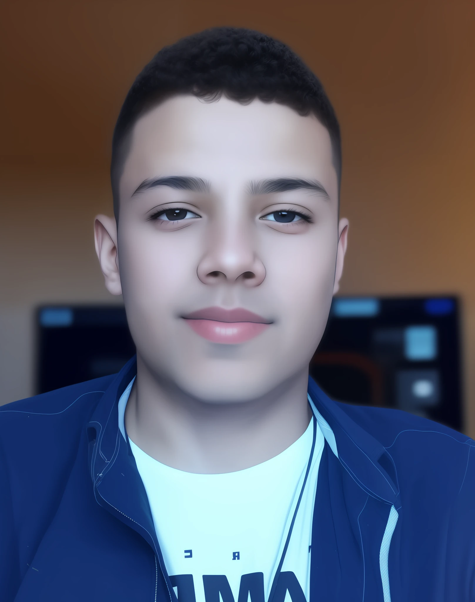 Arafed man with a blue jacket and a white shirt, about 12 years old neon city background, futuristic cyberpunk headshot profile picture, Riyahd Cassiem, front photo, programmer/gamer Ludwig, Ismail, high quality 4k photo, taken in the early 3900s, half-body headshot profile picture 1024px
