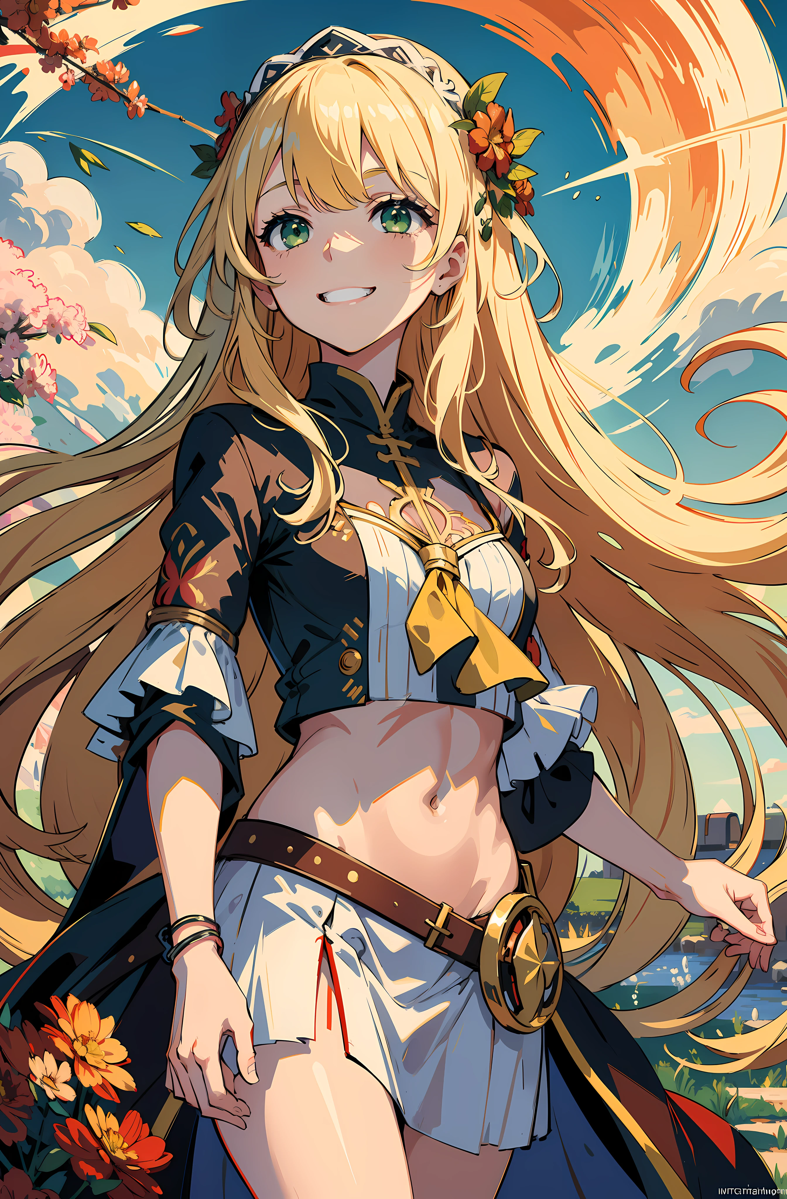 (masterpiece, sharp focus, illustration), detailed face, detailed eyes, detailed hands, (beautiful face:0.4), 1girl, solo, small breasts, loli, sassy loli, grin, smile, tied bangs, long bangs, messy hair, perfection, looking away, standing, crop top, very very long blonde hair, wavy hair, messy hair, beige hair, green eyes, (impressionism:1.4), white dress, greek clothes, highres, ultra detailed, abstract background, multicolored background, ugly background, splash art, official art, beautiful, perfect anatomy