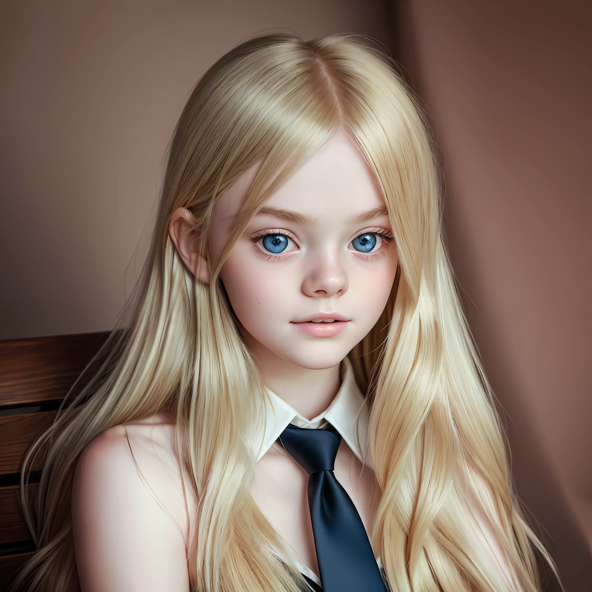 Child face, Elle Fanning, blonde haired girl (11 years old) with a tie seat on a bench, blonde - princess haired, lovely languid princess, gorgeous young model, beautiful princess, beautiful female princess, a dazzling young ethereal figure, princess portrait, with long blonde hair, portrait of a princess, long blonde hair and big eyes, princess portrait, Beautiful young girl, long blonde hair and big eyes, cute face, pink skin, best quality, ultra high resolution, (photorealistic), (detailed face and eyes), award-winning photographer, sharp focus, realistic lighting --auto --s2