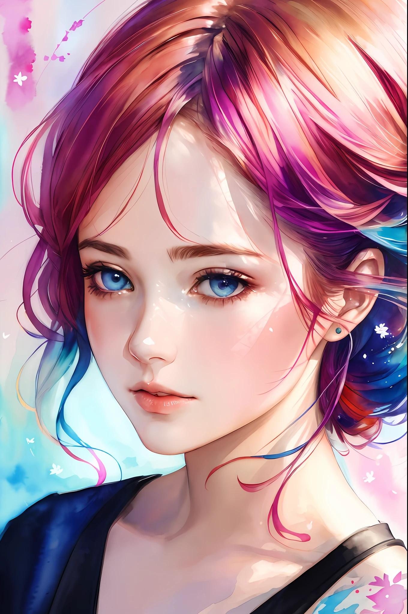(8k, best quality, masterpiece:1.2),(best quality:1.0), (ultra highres:1.0), watercolor, a beautiful woman, shoulder, hair ribbons, by agnes cecile, half body portrait, extremely luminous bright design, pastel colors, (ink:1.3), autumn lights,