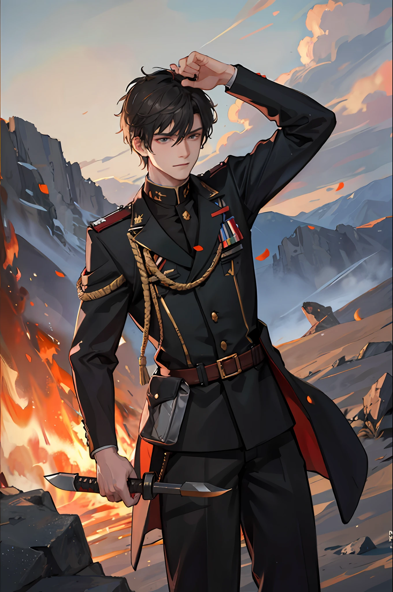 1boy, on the battlefield, artillery fire, fighting, knife in hand, soldier,
