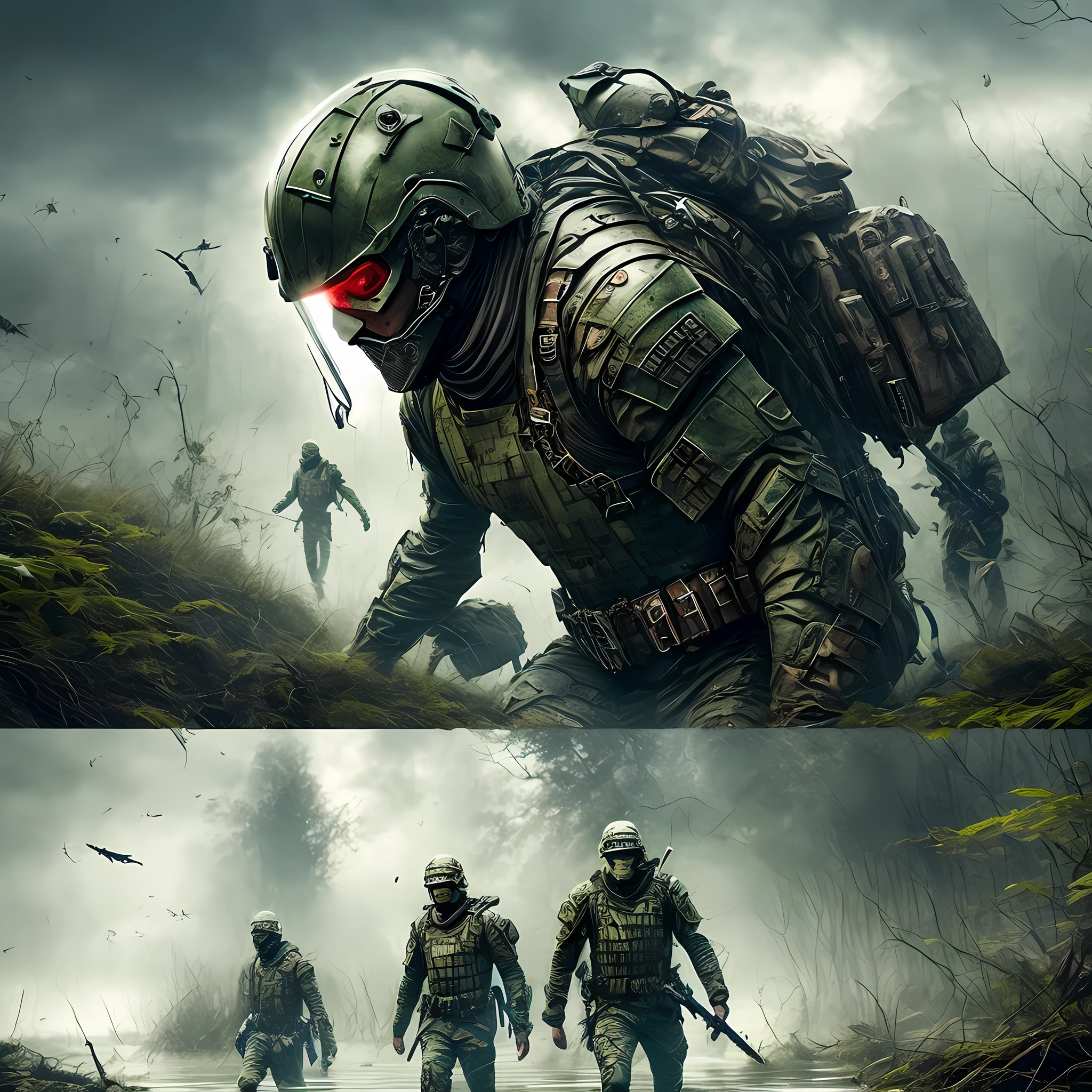 fight in a swamp, soldiers in futuristic clothing against zombies, fog --auto --s2