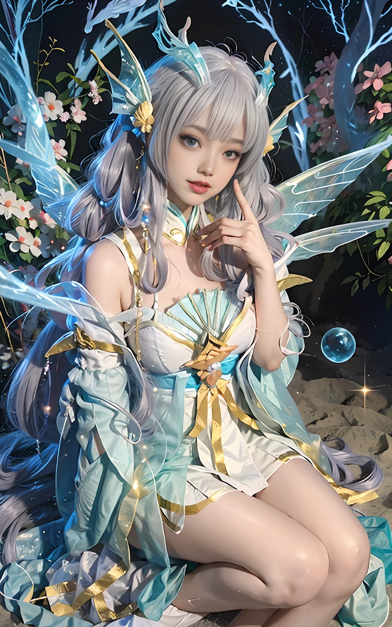 Close-up of women in costumes on stage, full body fairy, beautiful celestial mage, stunning young ethereal characters, beautiful fantasy queen, astral witch costume, sand stream, flowing magic robe, white Hanfu, fairy fantasy, beauty Delfin, ethereal fantasy, elegant and charming cosplay, Hirase Jinyao, sitting on the ground, charming and colorful, very coquettish