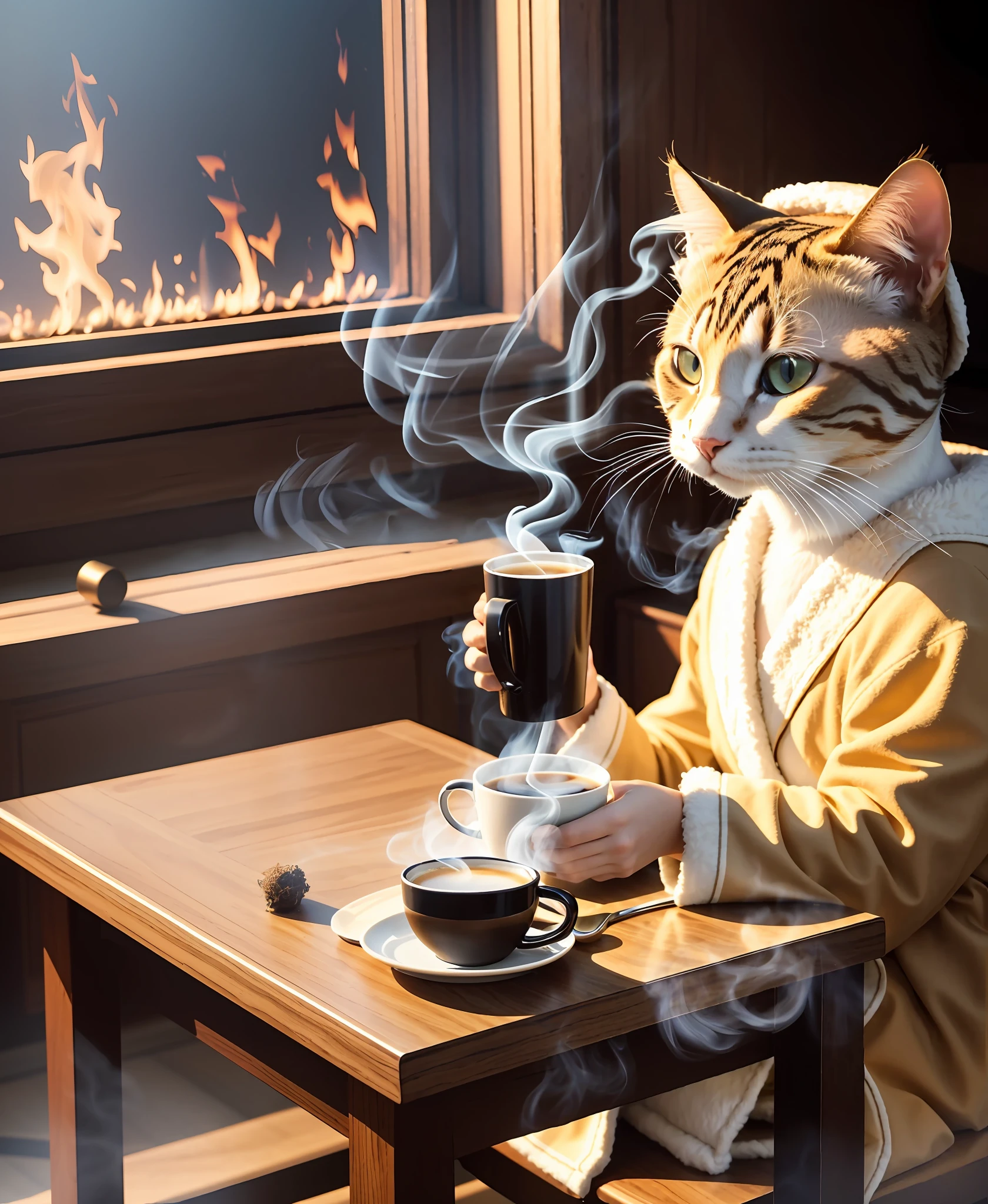 (Best quality: 1.23), (Masterpiece: 1.12), (Reality: 1.24), (Anthropomorphic cat: 1.5) holding a coffee cup, sitting in a robe, eating breakfast, holding a coffee cup, hat, granules, volumetric lighting, room burning, floor and chair on fire, a lot of gadgets and equipment on fire, smoke, warm scene,