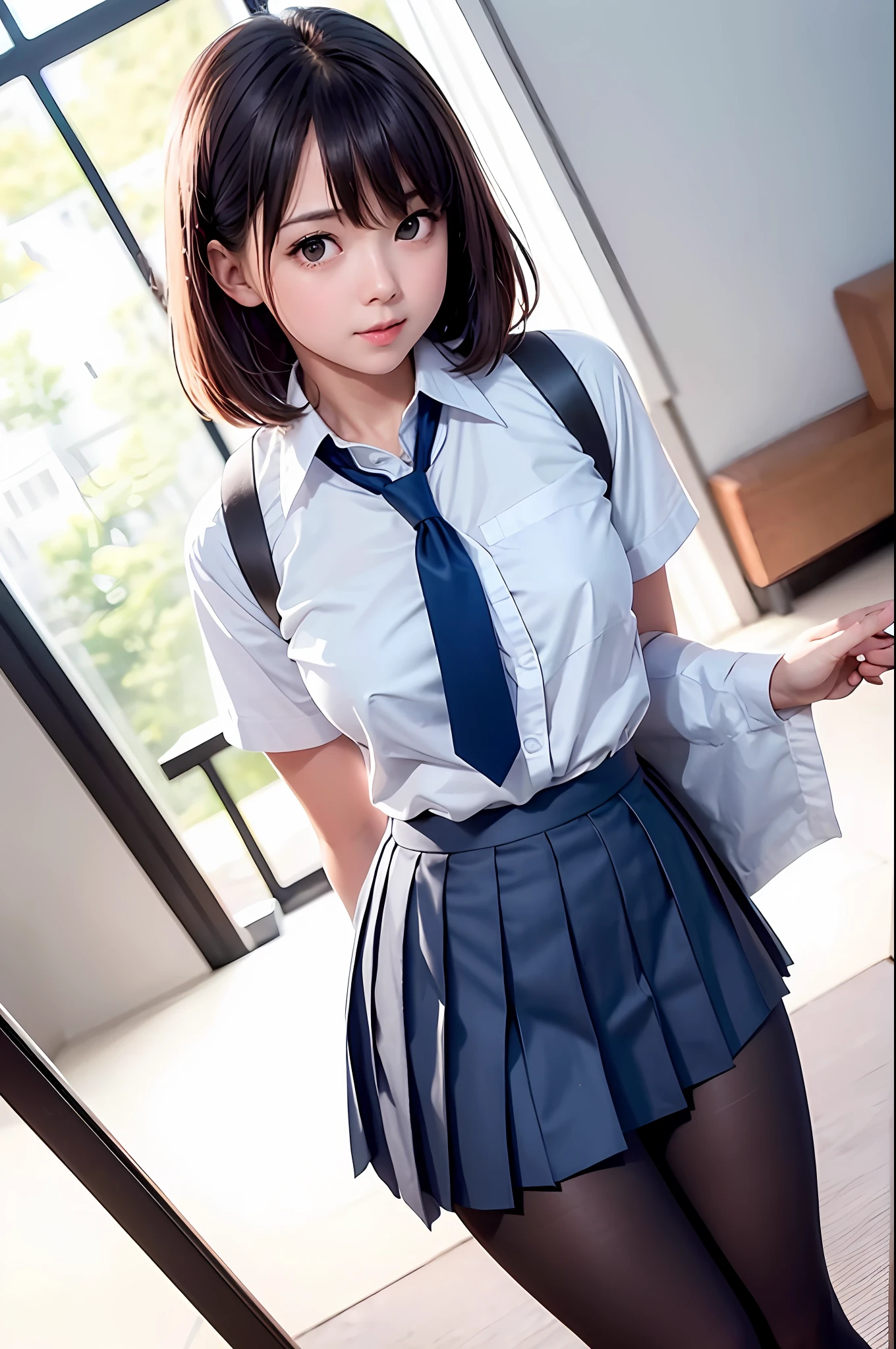 8K, Top Quality, Real Image, Complex Detail, Ultra Detail, Ultra Detail, Ultra High Definition, Depth Field,(Photorealistic,Real:1.2),Masterpiece, 0.25 :: Close Up , Straight On Shot , From Middle ,
1girl, ai_chan, very beautiful  girl, innocent big eyes, (Brown_SHORT_hair), (GREEN_eyes:1.0),(bangs),disheveled hair,(hair clip), perfect shiny skin, perfect skin, fair skin, small tits, (small tits) cleavage, narrow waist, light blush, solo, looking at the viewer, light smile,legs open forward, raw feet,
chubby under clothes, sweat,
Wear ((school_uniform), (white_skirt), (BLUE_Long_Tie), (BLUE_pleated_skirt), (Black_pantyhose): 1.2),
(Gravure Pose: 1.1),
sunset
Japan High School ,