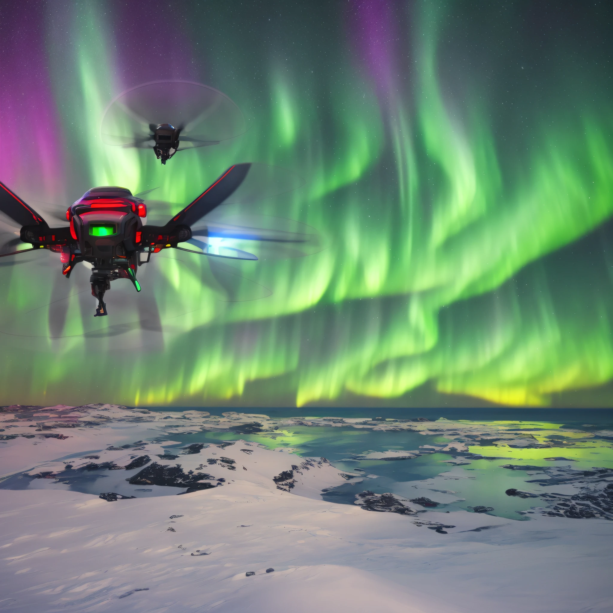 a cyberpunk drone flying over Antarctica under a sky with green and red aurora borealis --auto --s2