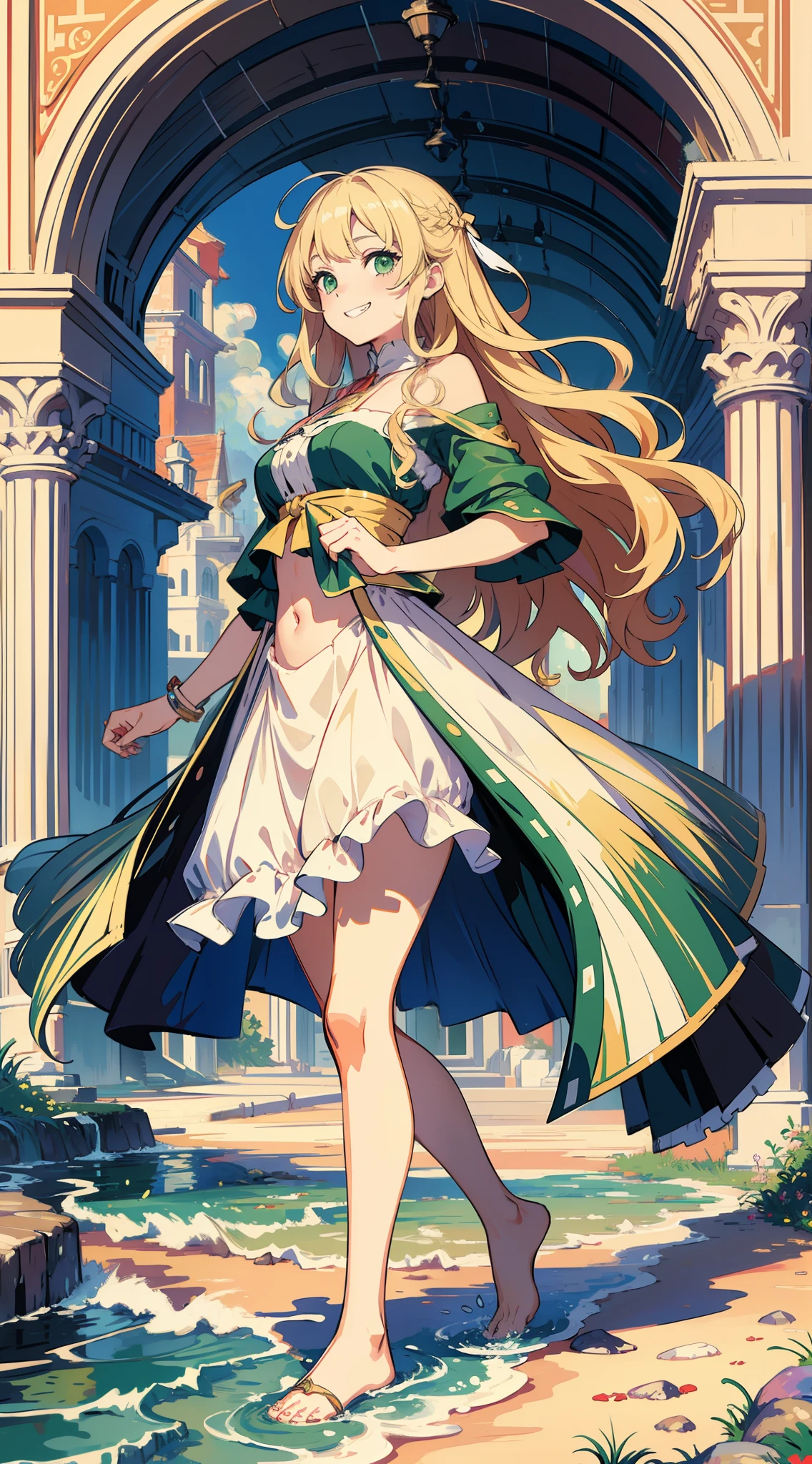 (masterpiece, sharp focus, illustration), detailed face, detailed eyes, detailed hands, (beautiful face:0.4), 1girl, solo, small breasts, , sassy loliin, smile, tied bangs, long bangs, messy hair, perfection, looking away, standing, crop top, very very long blonde hair, wavy hair, messy hair, beige hair, green eyes, (impressionism:1.4), white dress, greek clothes, highres, ultra detailed, abstract background, multicolored background, ugly background, splash art, official art, beautiful, perfect anatomy
