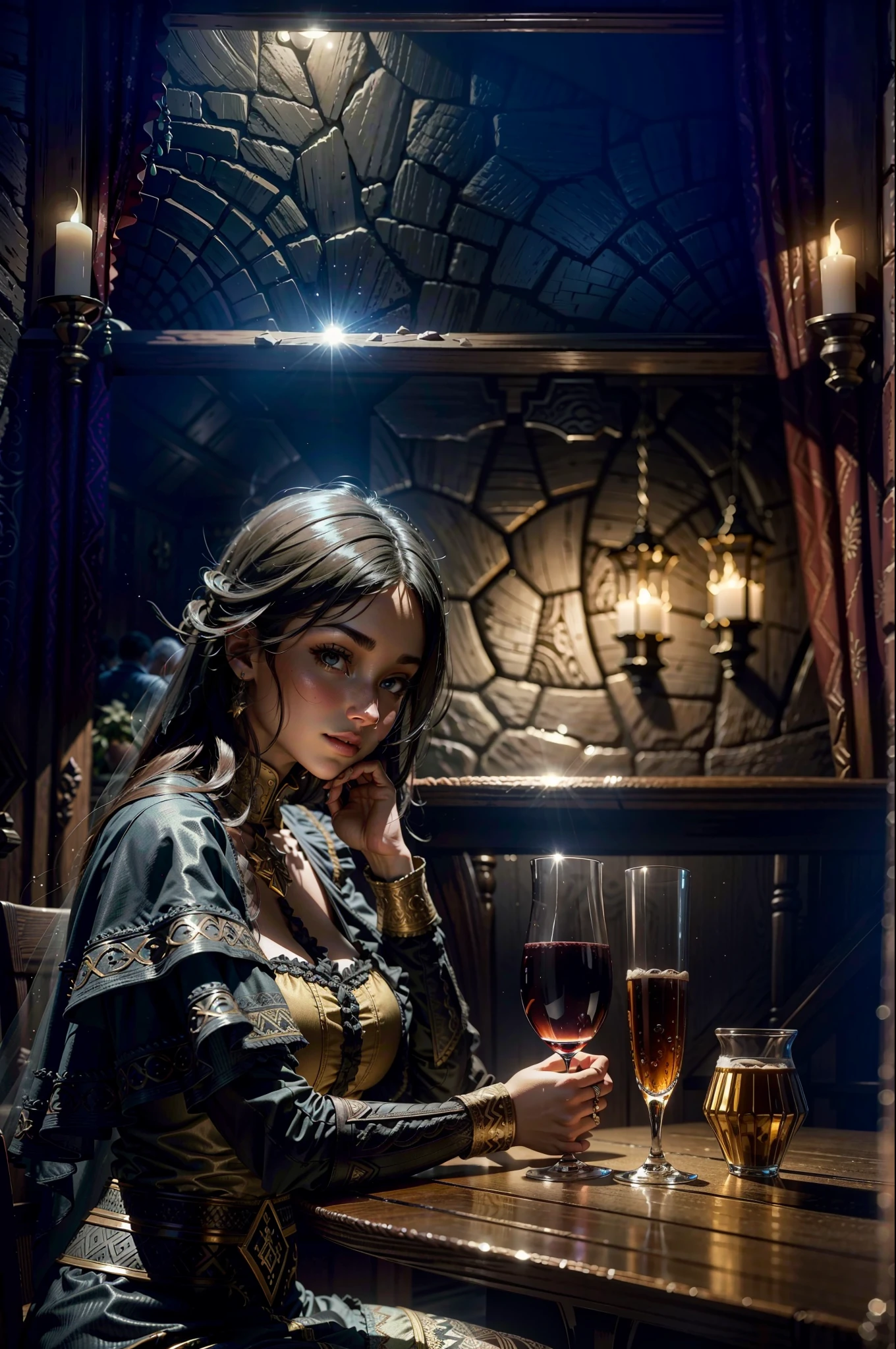 wide angle lens f/2.8, ultra insane high resolution intricate textures, texture indentation, perfect perspective, perfect geometry, ultra insane ambient lighting, ultra insane ambient shadows, luminism, ultra detailed busy tavern background, a woman sitting at a table with a glass of wine in a medieval dimly-warm-lit cozy tavern, at night, tessellation, maximalism