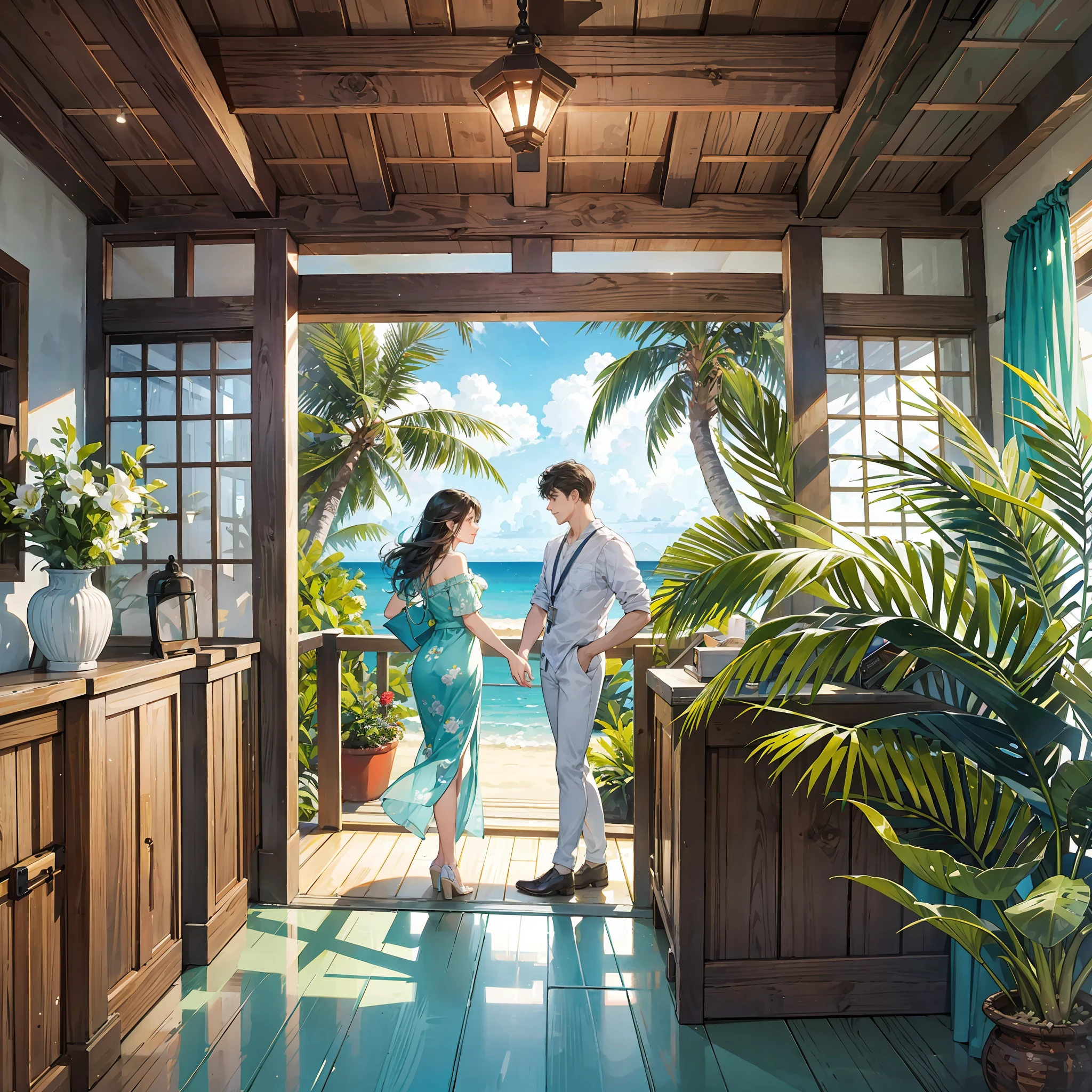 A couple of a man and a woman arriving at an inn talking to receptionist. [tropical island, romantic atmosphere, cloudy, sea view, natural landscape, shades of blue, vibrant greens, check-in desk, rustic wooden furniture, soft lights, friendly receptionist, cheerful dialogue]