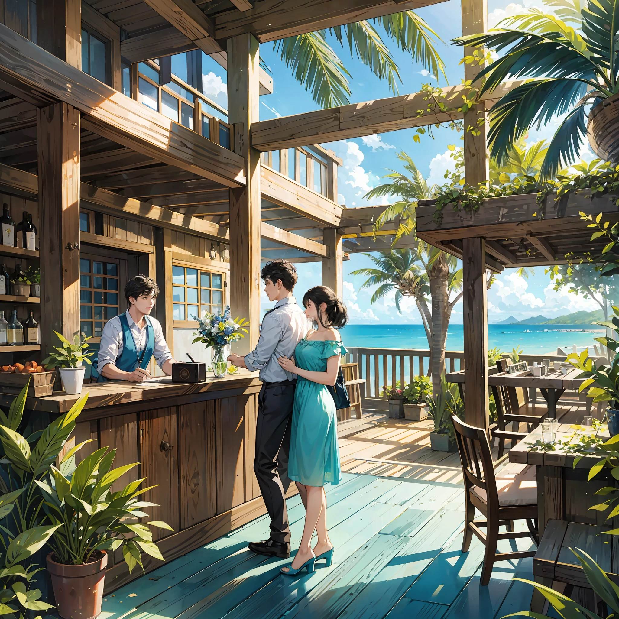 A couple of a man and a woman arriving at an inn talking to receptionist. [tropical island, romantic atmosphere, cloudy, sea view, natural landscape, shades of blue, vibrant greens, check-in desk, rustic wooden furniture, soft lights, friendly receptionist, cheerful dialogue]